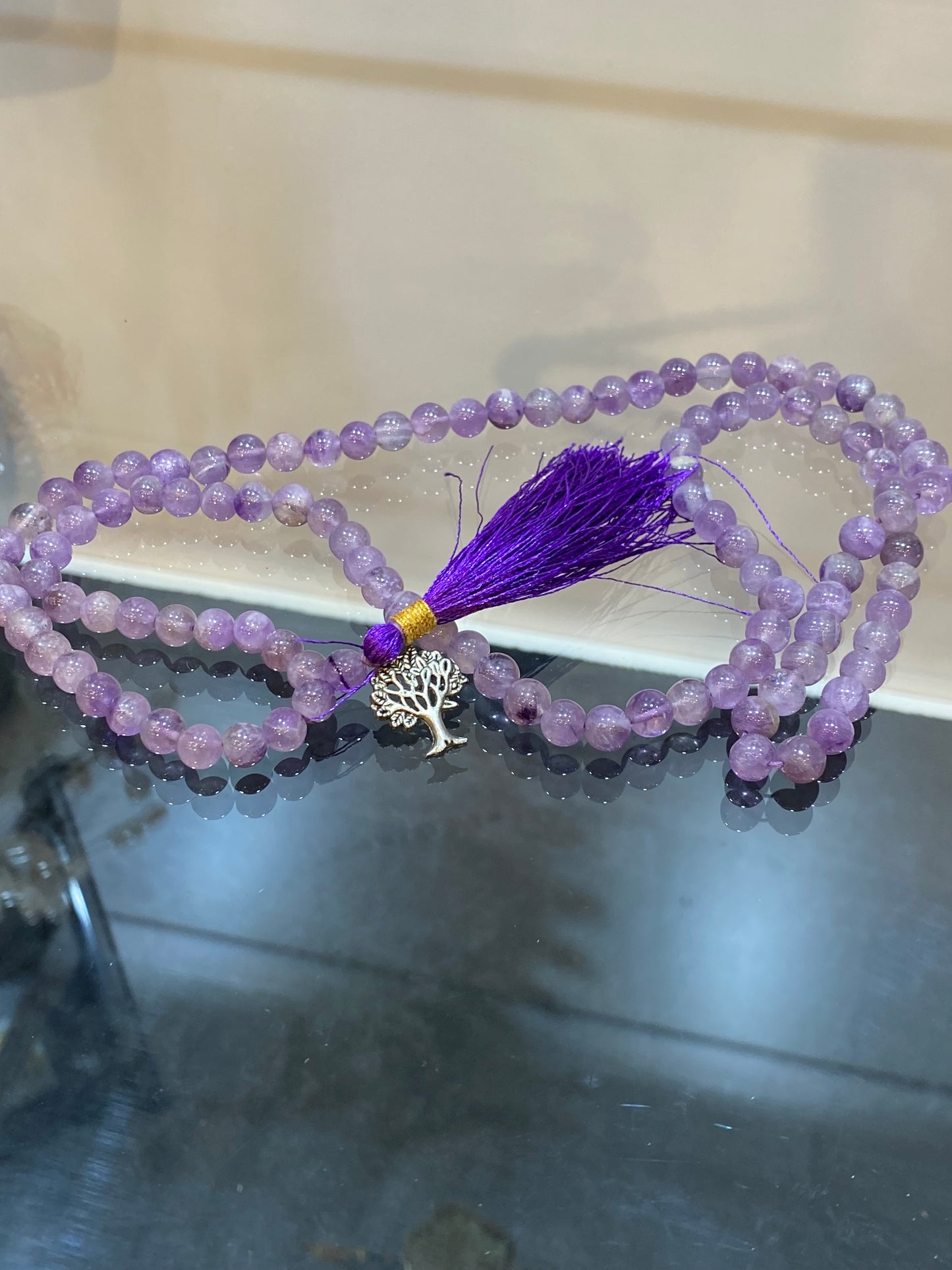 Light Amethyst Prayer Mala Necklace With Tree Of Life Charm And Purple Tassle