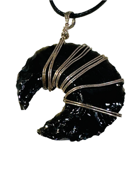 Black Obsidian Crescent Moon Pendant Hand Carved Wire Wrapped with Black Adjustable Cord Necklace