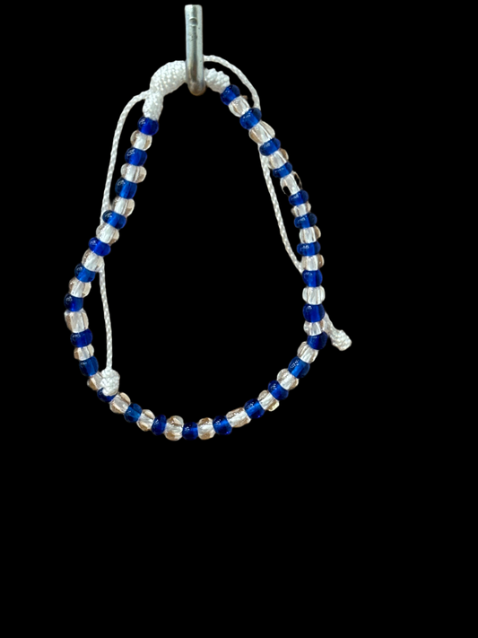 Handmade Beaded String Blue and Clear Orisha Yemaya White Pull Tie Bracelet