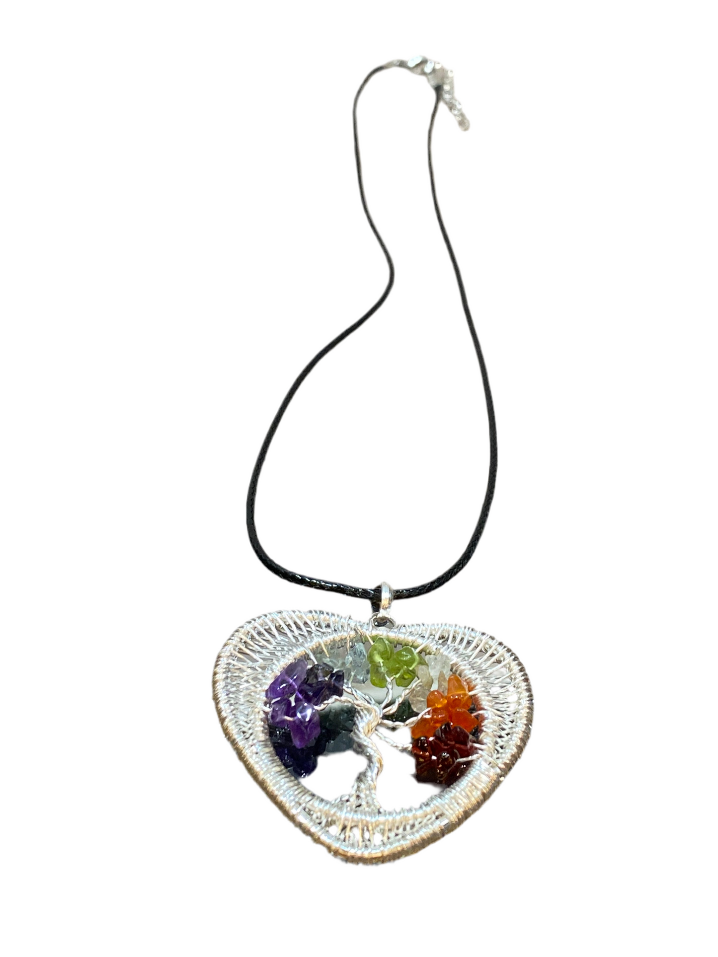 7 Chakra Chips Tree of Life Heart Pendant Silver Wire Wrapped with Black Cord Necklace