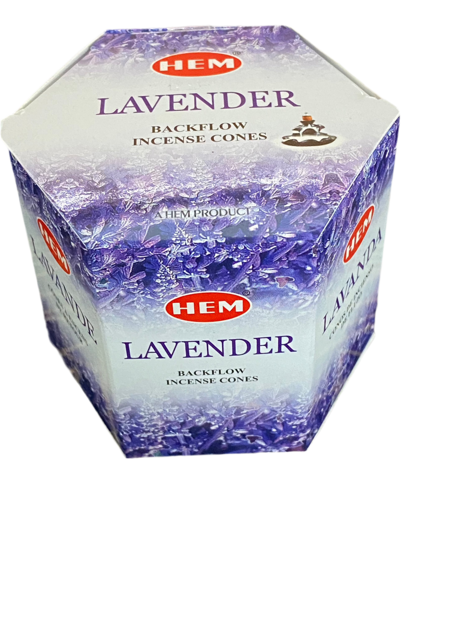 HEM Lavender Backflow Dhoop Incense cones in a hexagonal box with lavender imagery.