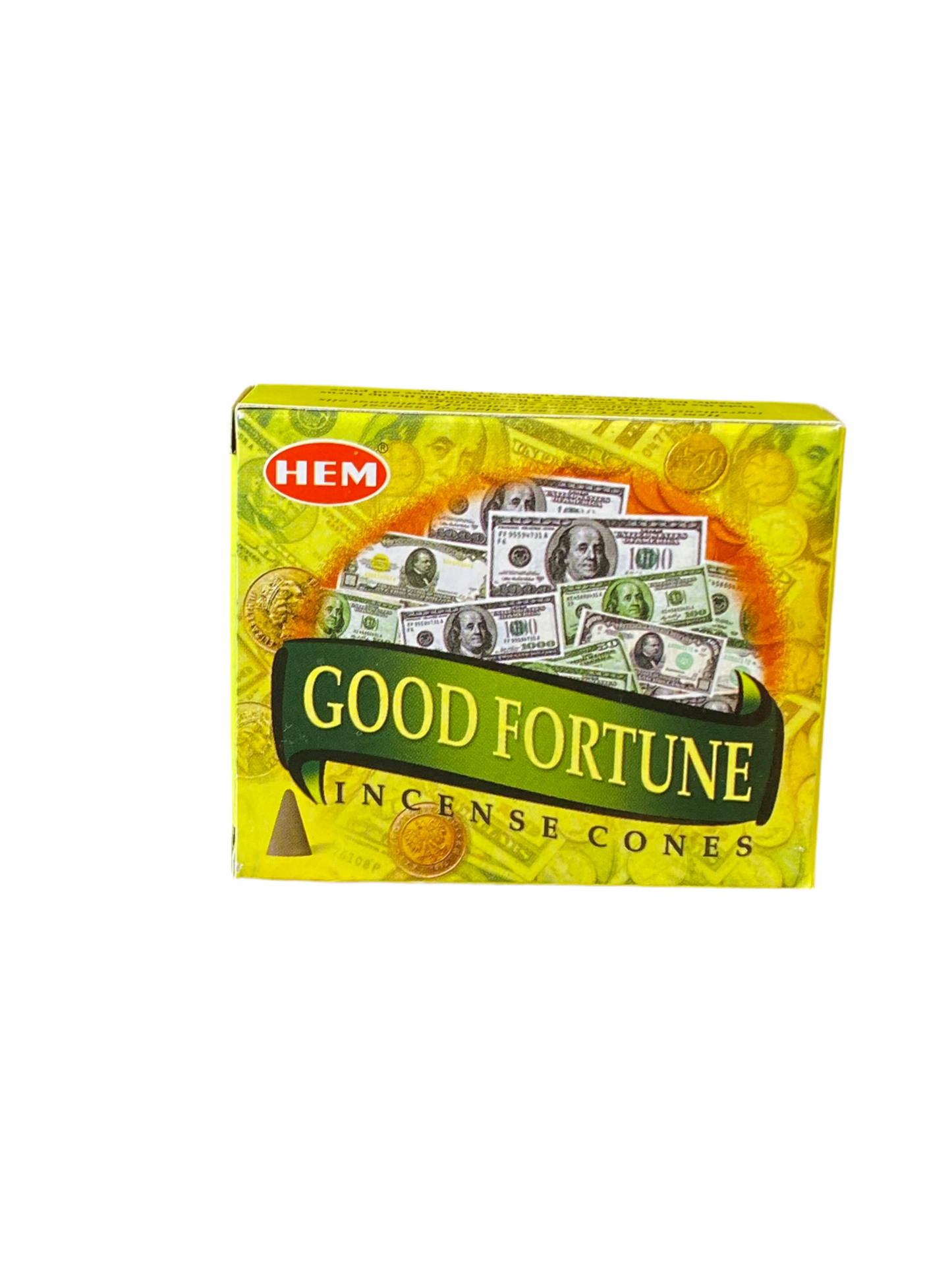 HEM Good Fortune Incense Cones packaging with vibrant design.