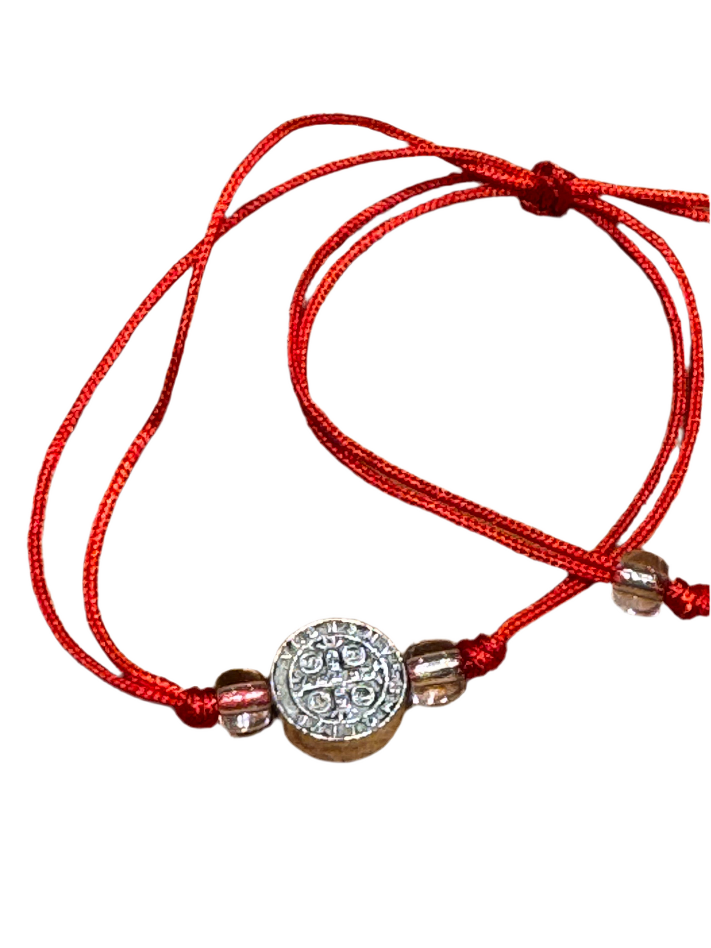 Protection Red String Pull Tie Bracelet With Silver Saint and Cross Charm