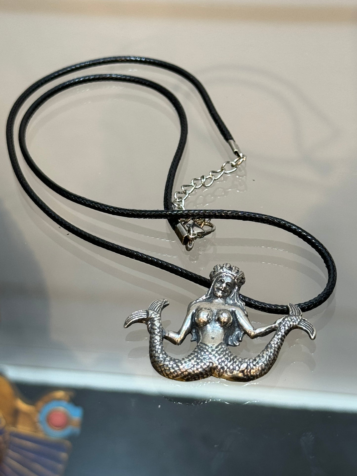 Silver Mermaid Double Tail Pendant With Black Cord Necklace