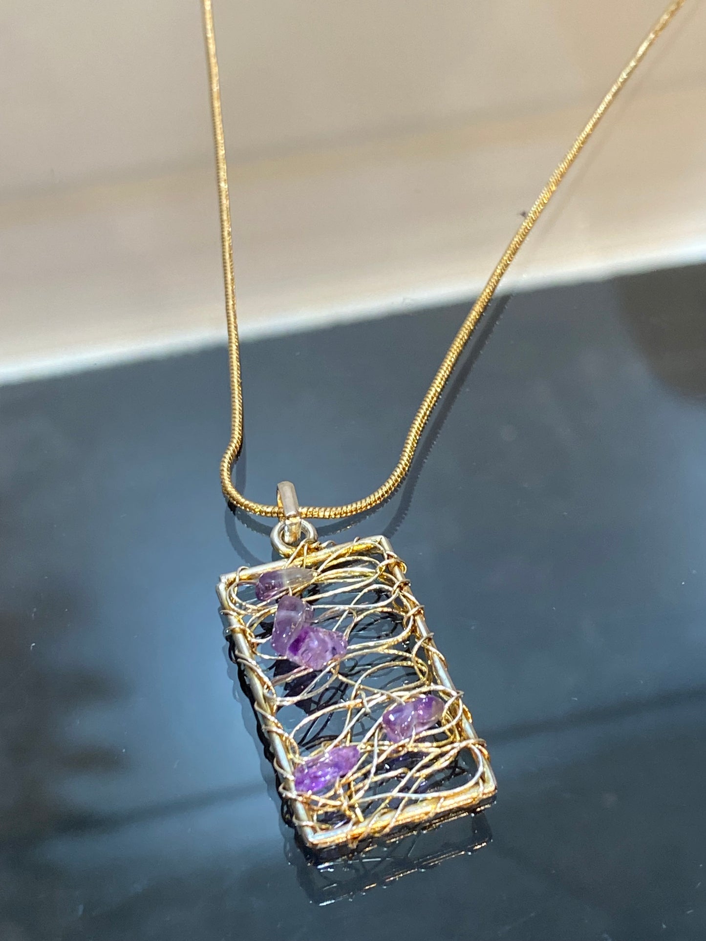 Wire Wrapped Amethyst Chips Pendant with Gold Plated Necklace