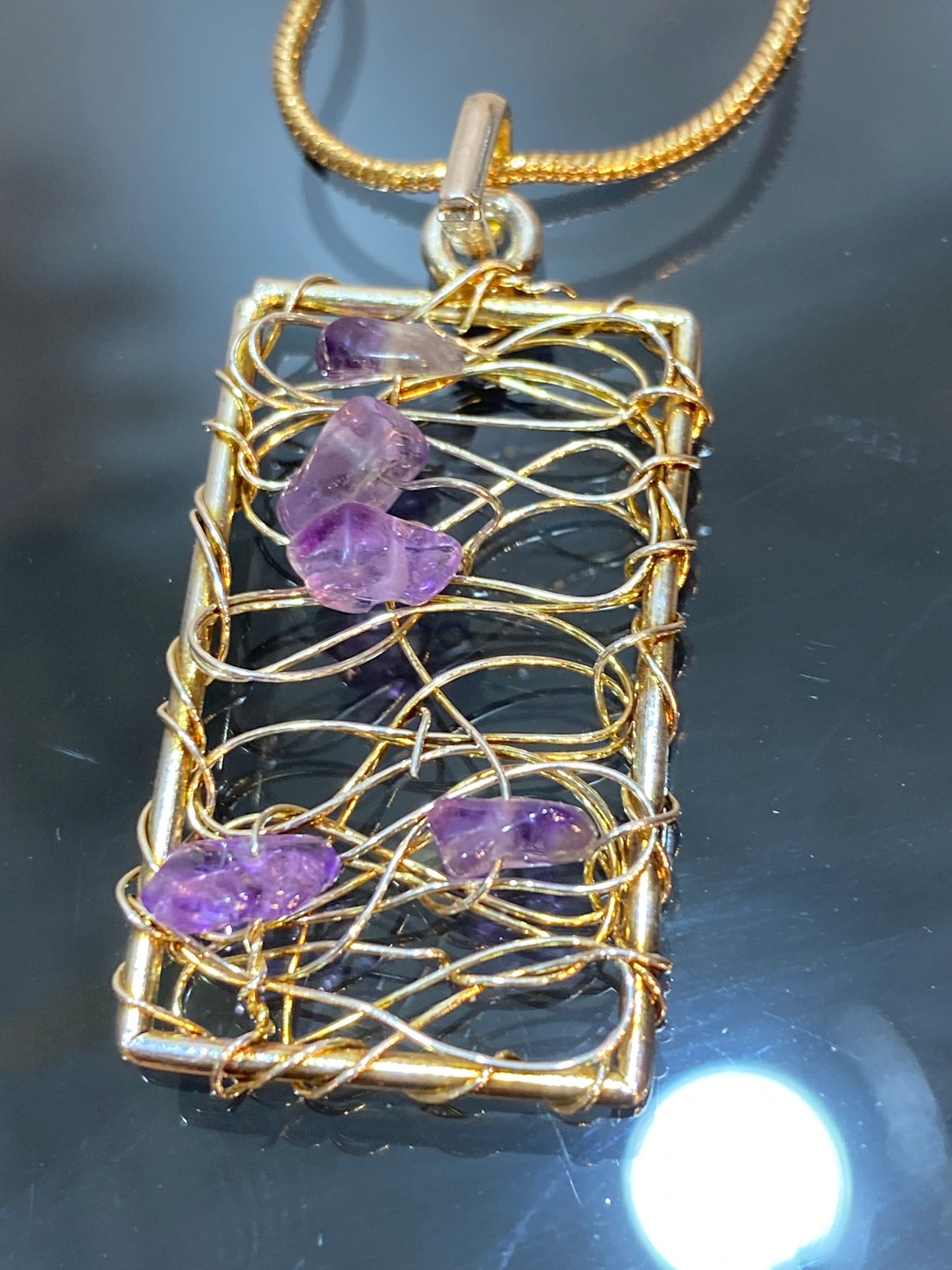 Wire Wrapped Amethyst Chips Pendant with Gold Plated Necklace