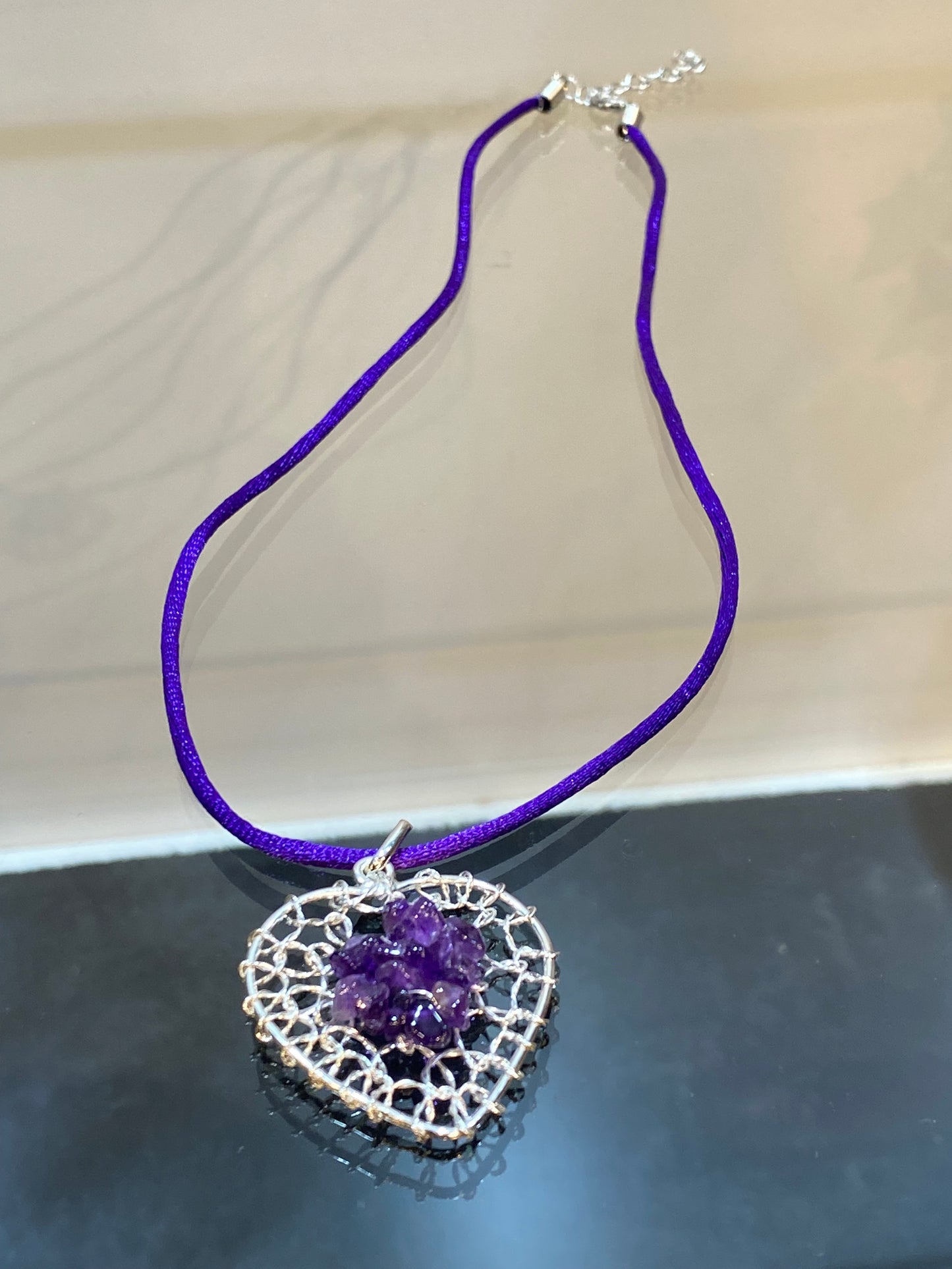 Amethyst Chip Silver Wired Heart Pendant With Purple Cord Necklace