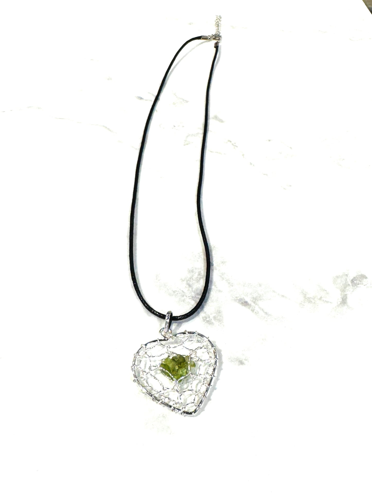 Peridot Chips Silver Heart Pendant Wire Wrapped with Black Adjustable Cord Necklace