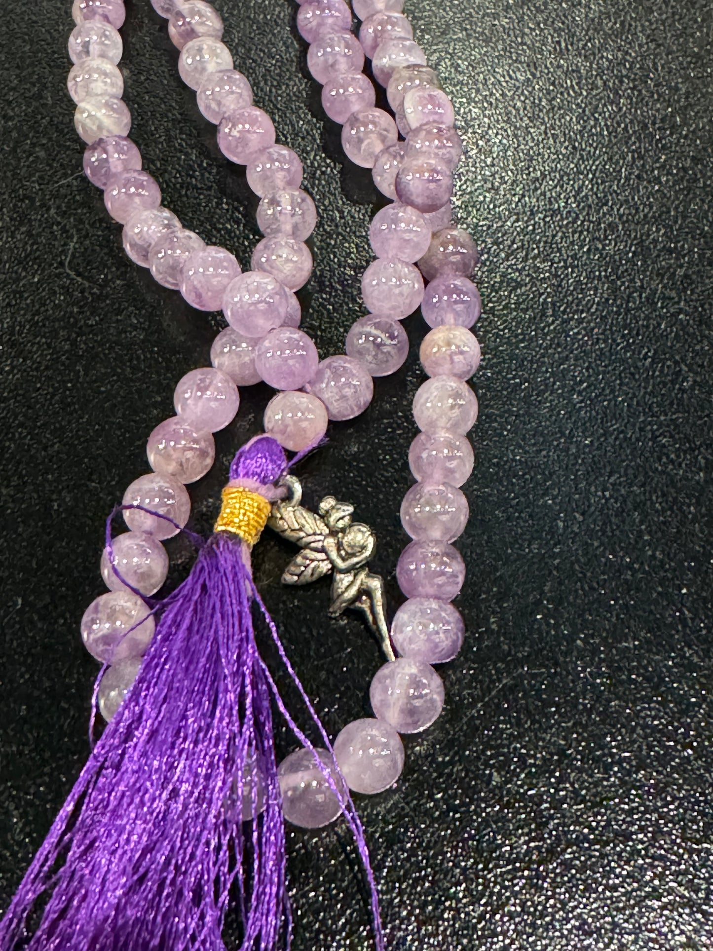 Amethyst Prayer Mala Necklace With Fairy Charm And Purple Tassle