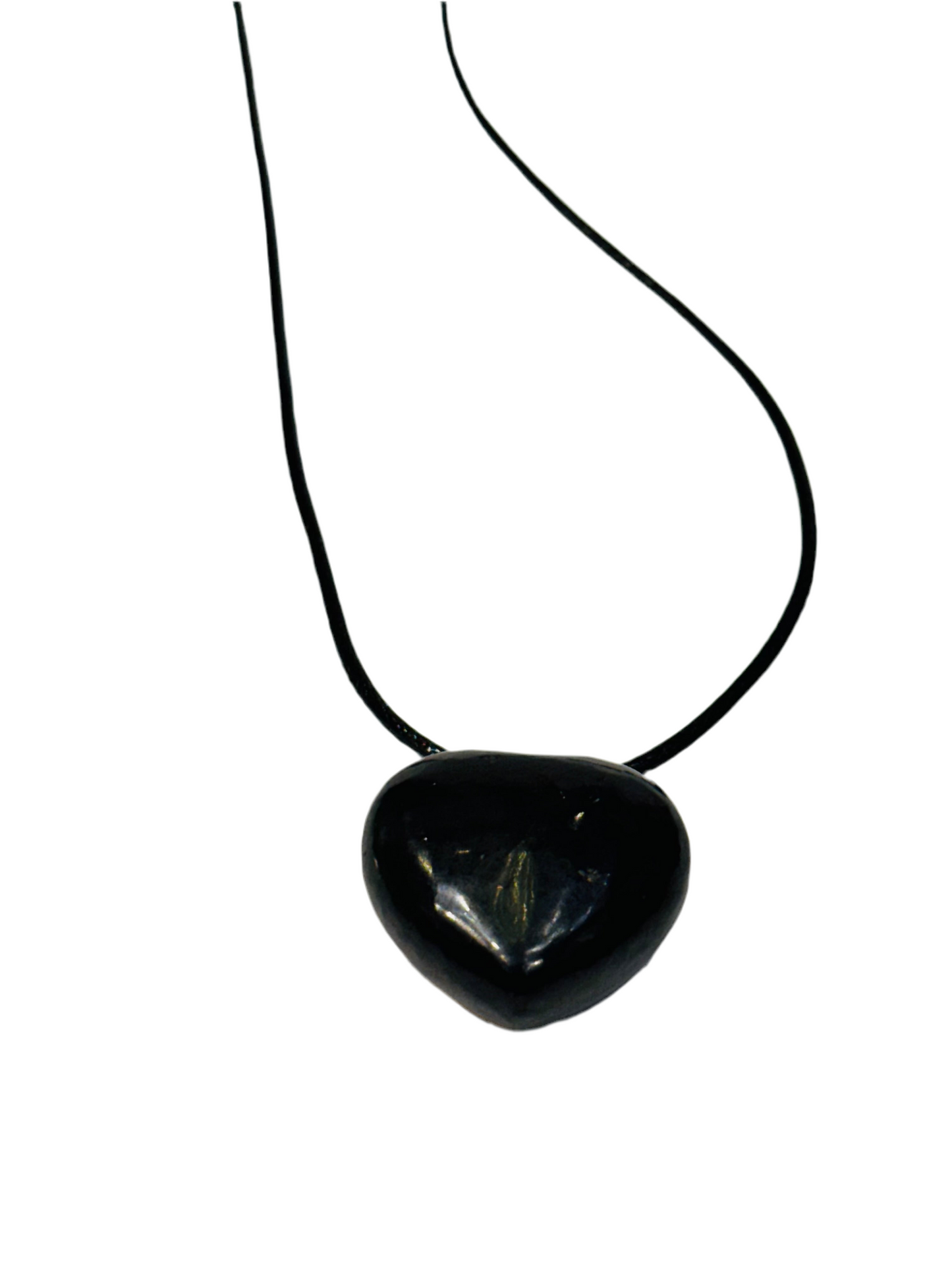 Black Shungite Heart Hand Carved Thick Pendant with Black Adjustable Cord Necklace