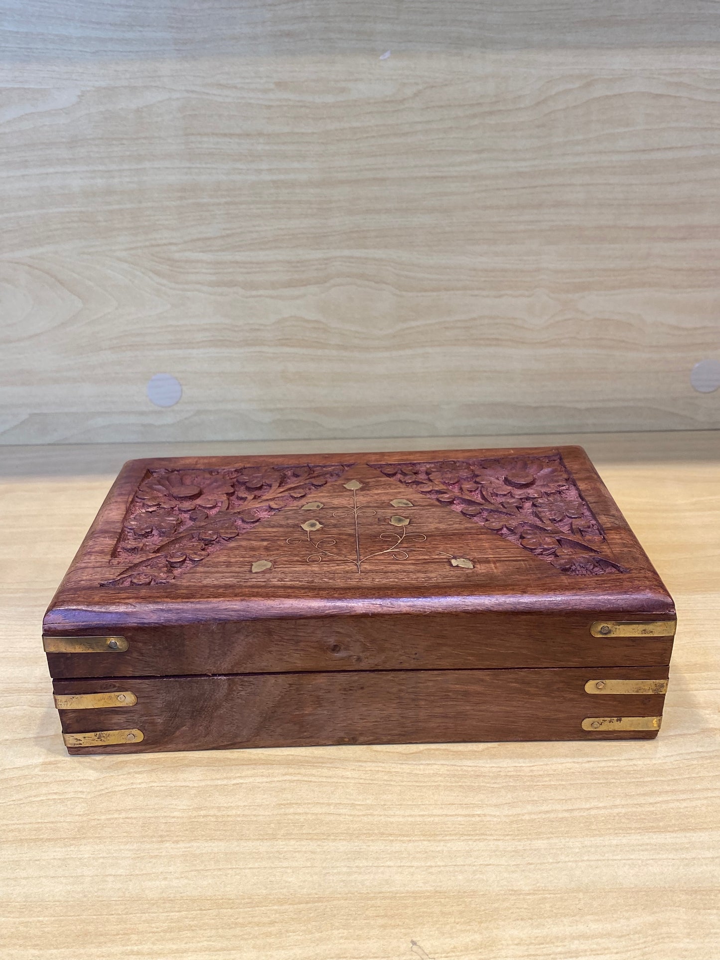 Hand Carved Wooden Storage Box Flower with Gold Vine (Brown)