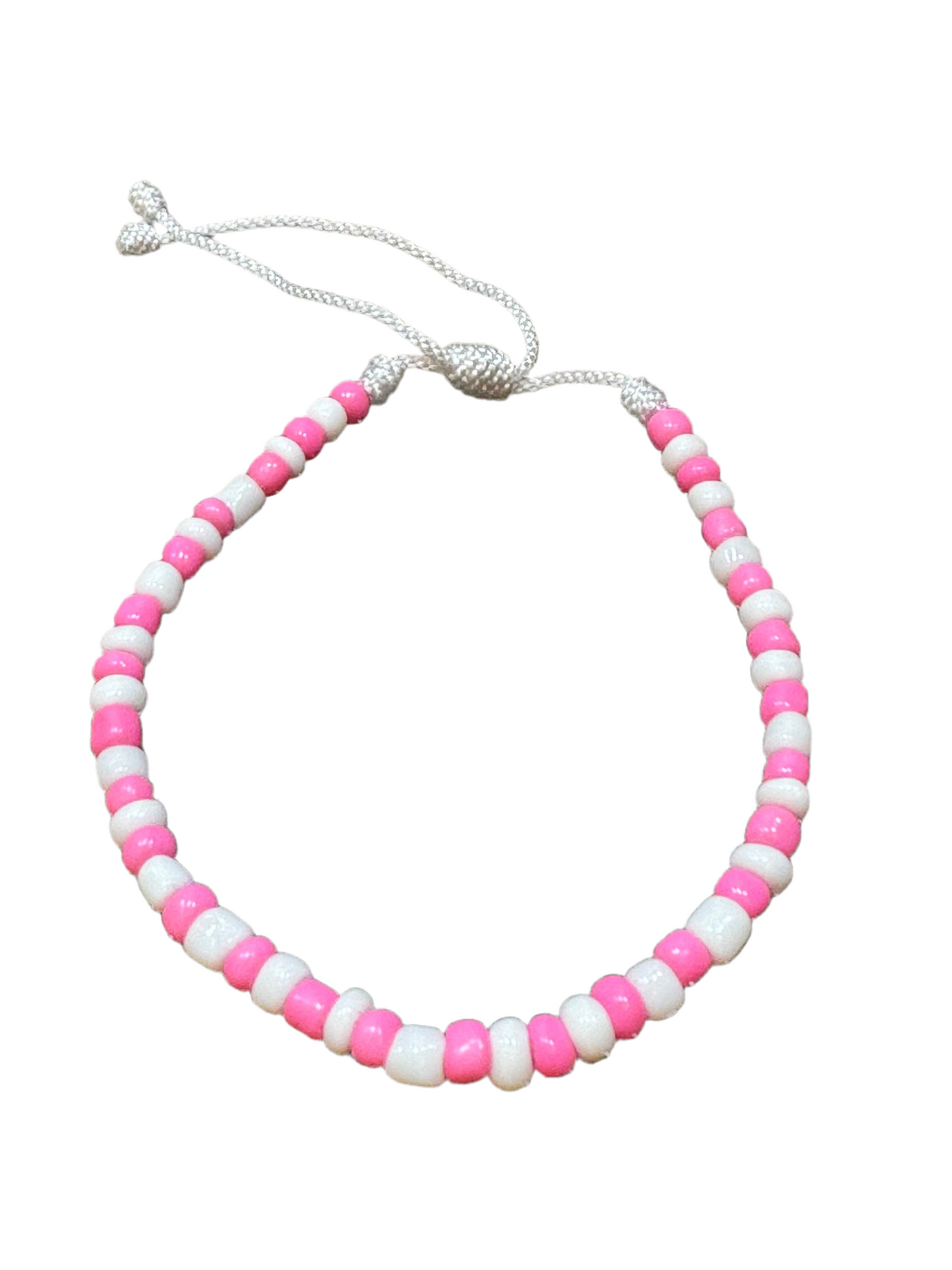 Handmade Pull Tie Beaded String Pink and White  Bracelet