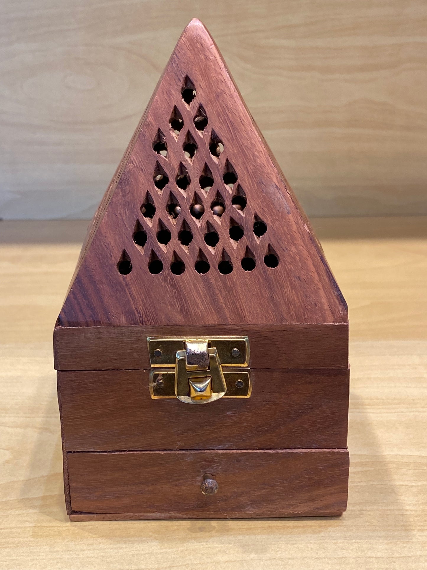 Wooden Pyramid Cone and Charcoal Burner with Storage Net Carving