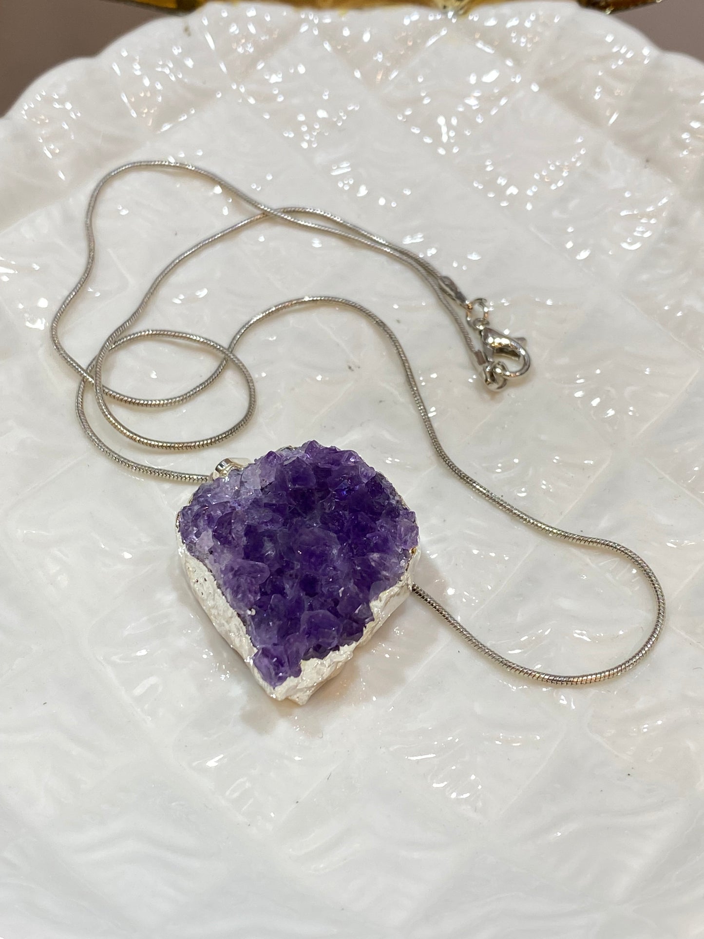 Amethyst Druzy Cluster Pendant With Silver Necklace