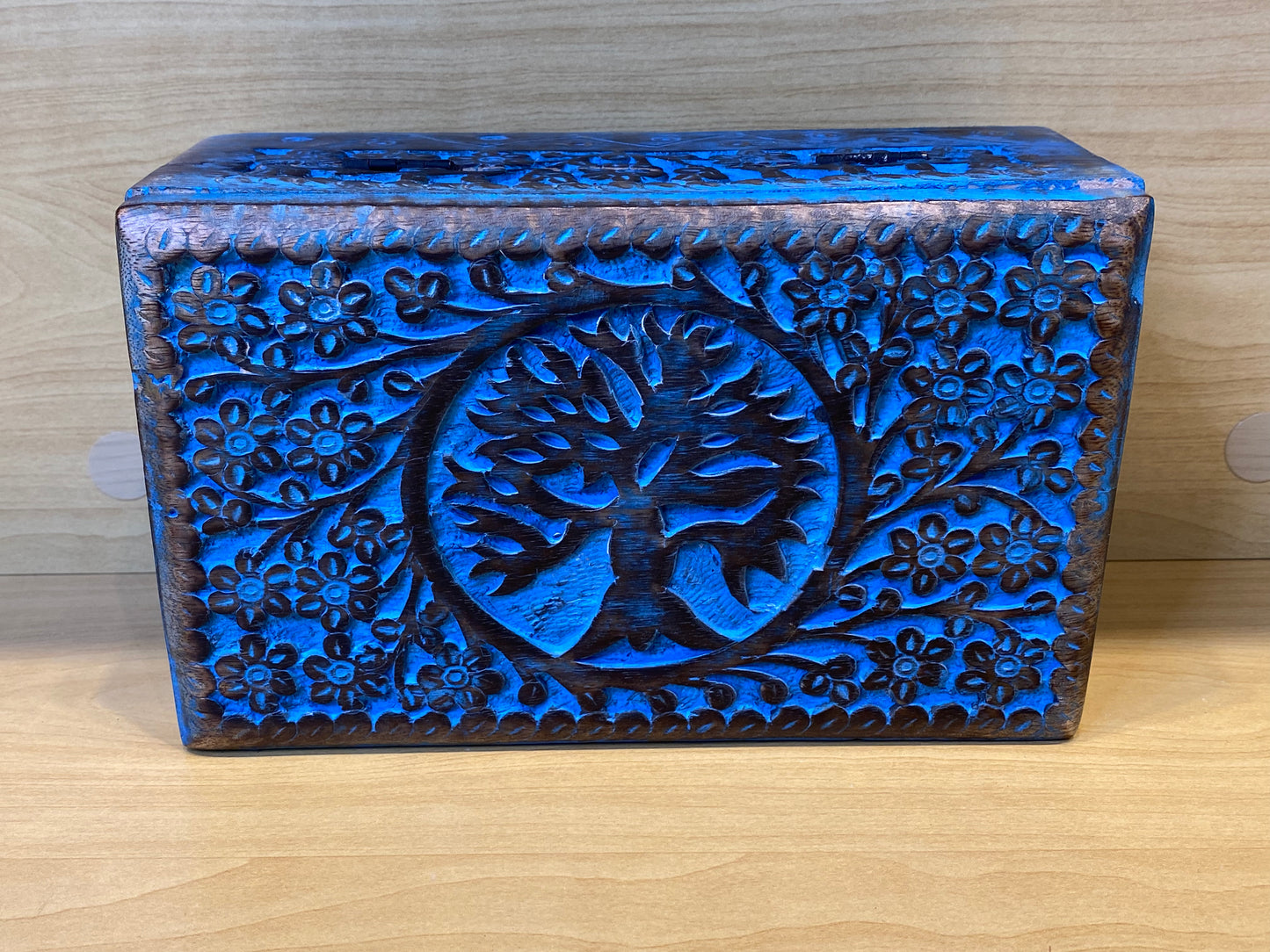 Wooden Handicraft Storage Box Tree of Life Turquoise