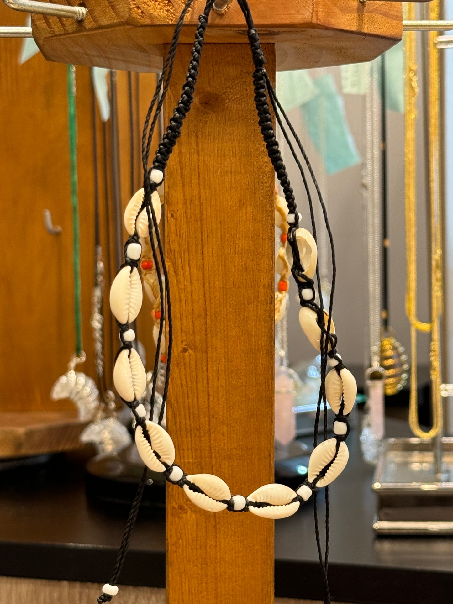 Handmade Cowrie Natural Shell String Pull Tie Choker Necklace White Beads On A Black Necklace