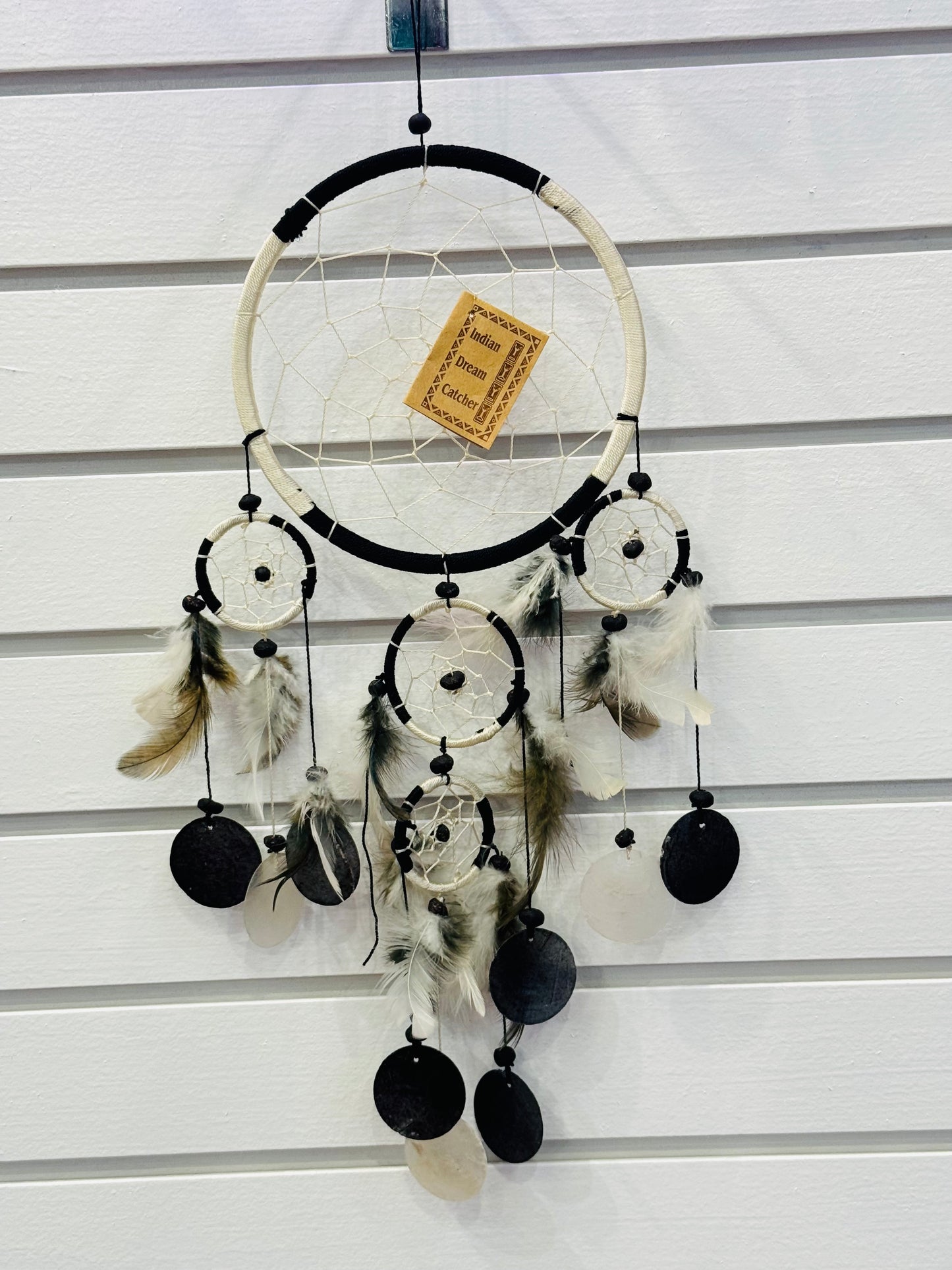 6" Black and White Dream Catcher with Feathers, Capis Shell and Beads