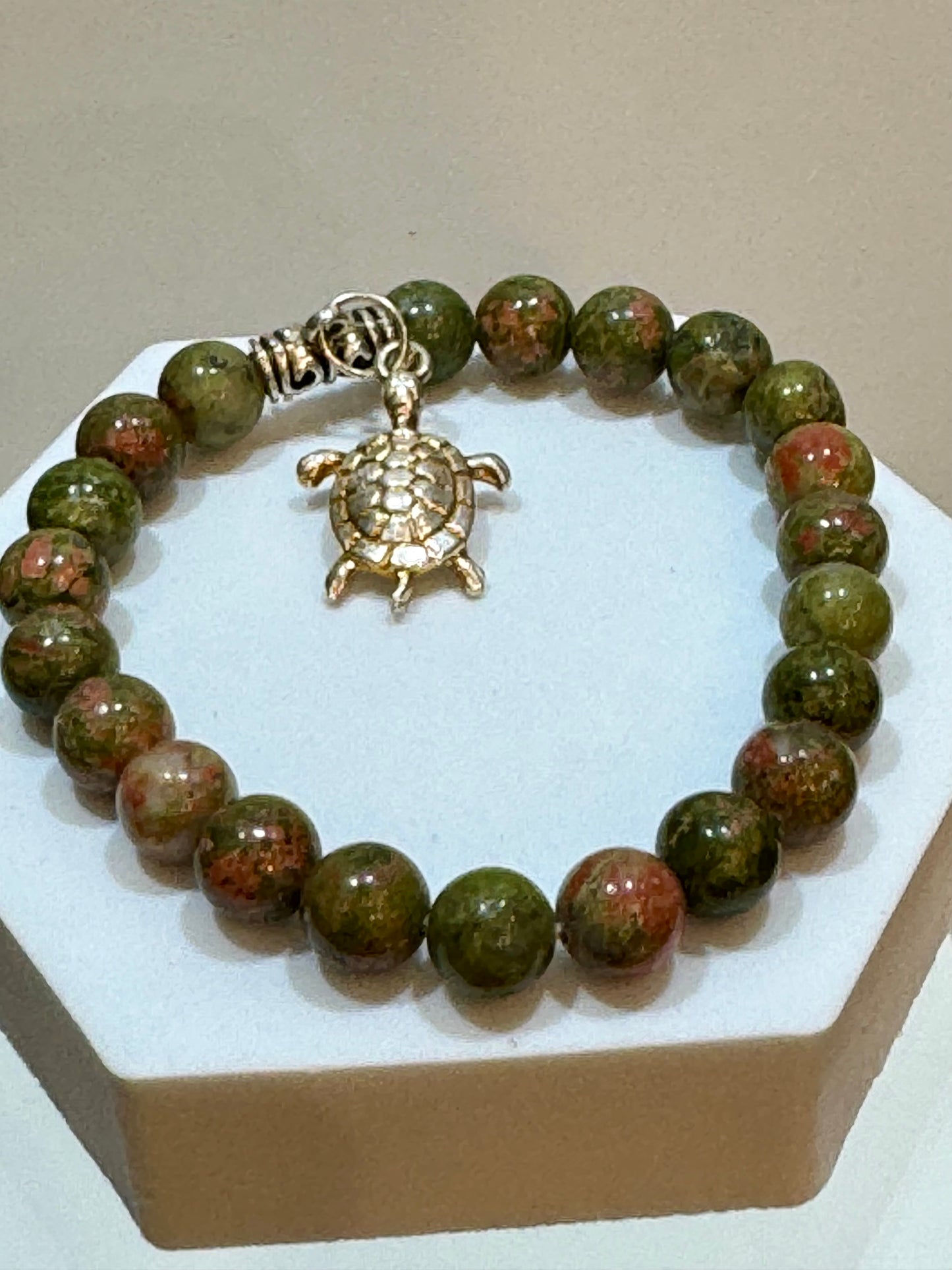 Unakite Beaded Bracelet With Turtle Charm