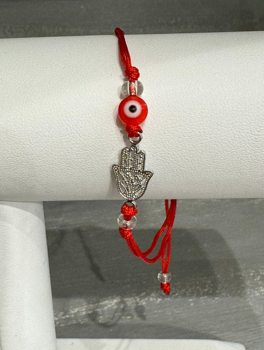 Red String Pull Tie Bracelet with Hamsa Charm Red Evil Eye Bead