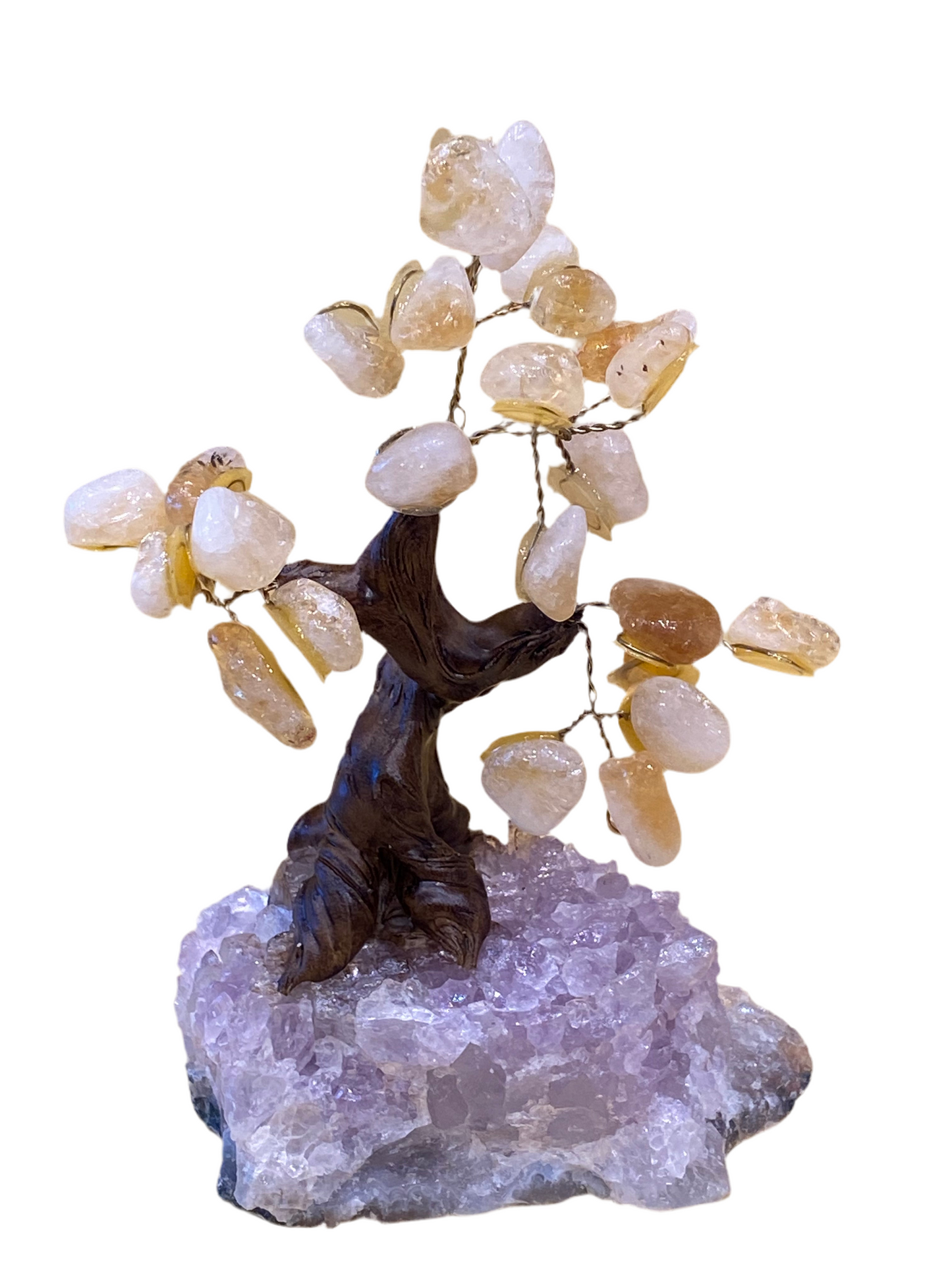 Bonsai Gemstone Crystal Citrine Tree on Amethyst Cluster