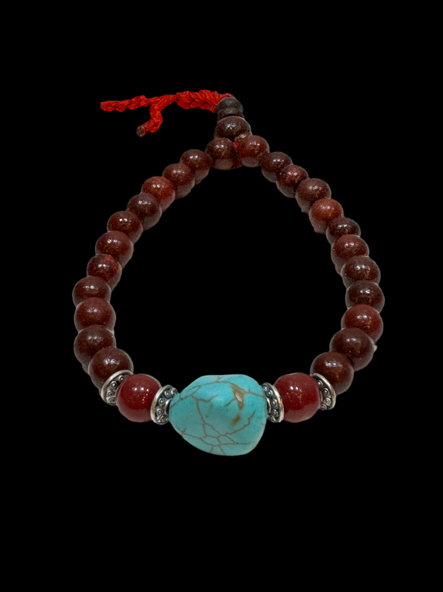 Rosewood, Turquoise and Brass Mala Beaded Bracelet Red String