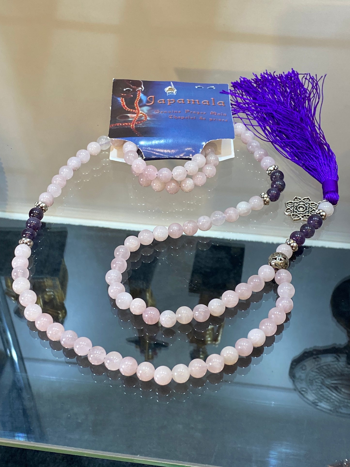 Japamala Prayer Rose Quartz and Amethyst With Lotus Flower Charm Purple Tassle