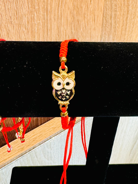 Red String Pull Tie Bracelet With Owl Charm