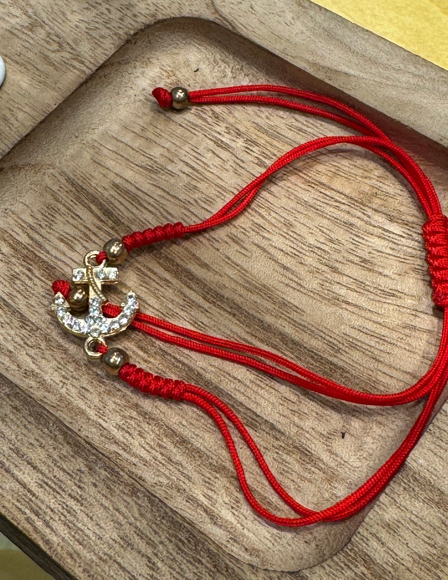 Red String Pull Tie Bracelet Rhinestone Anchor Charm and Golden Beads