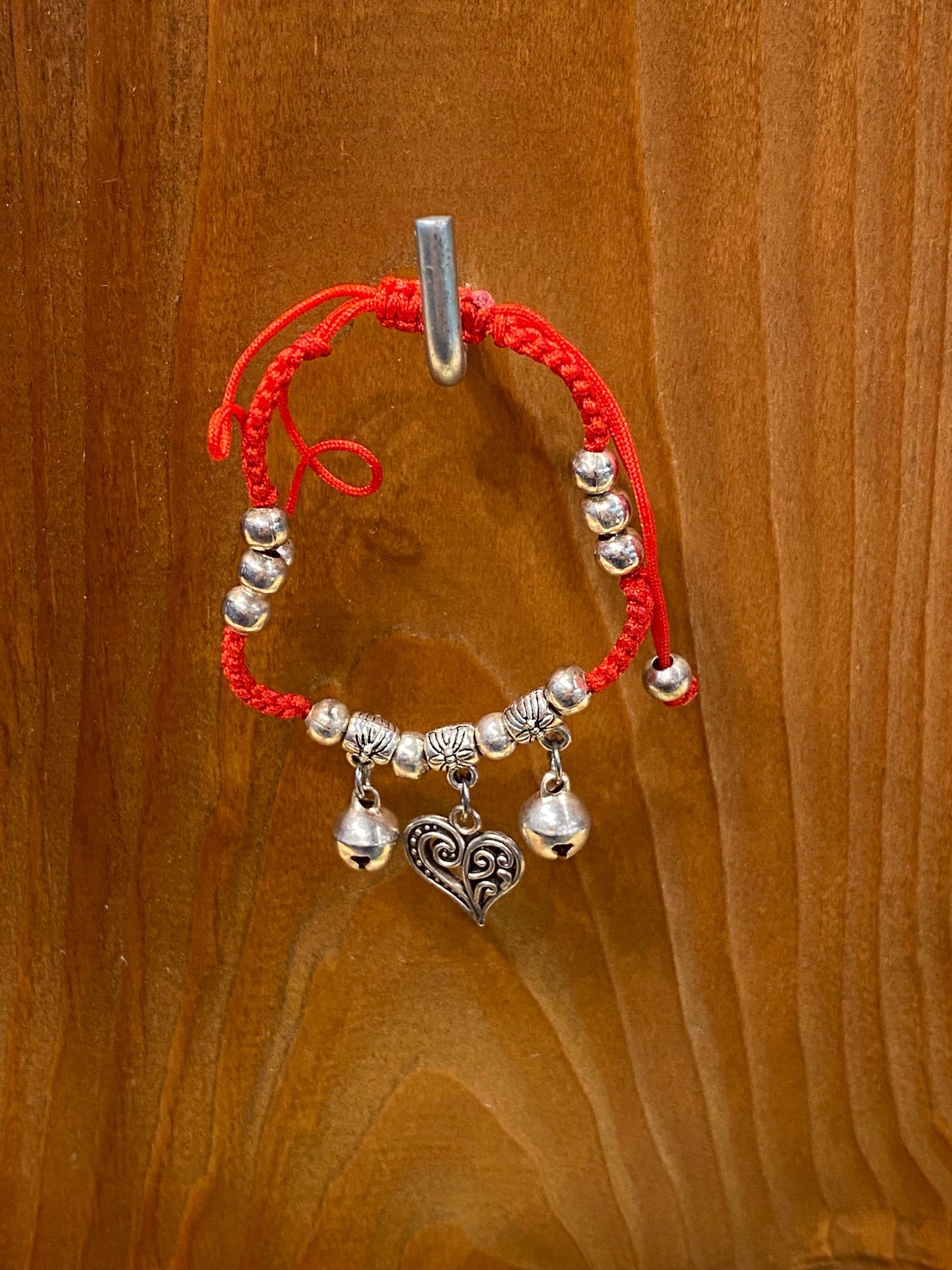 Handmade Red String Braided Pull Tie Bracelet Silver Beads With Silver Bells and Heart Charm