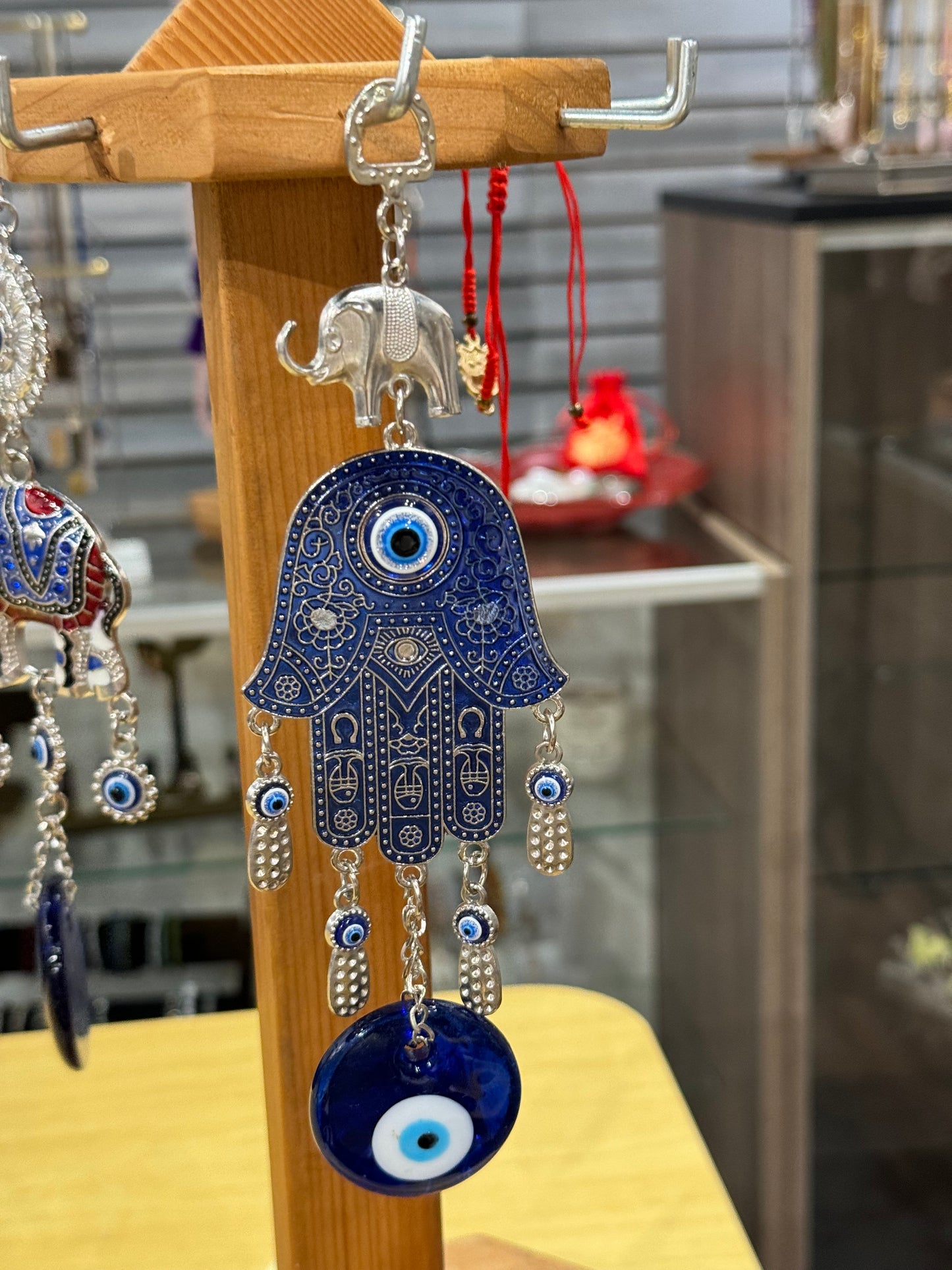 Turkish Blue Evil Eye Hamsa Hand Elephant and Evil Eye Talisman Amulet Wall Hanging Ornament