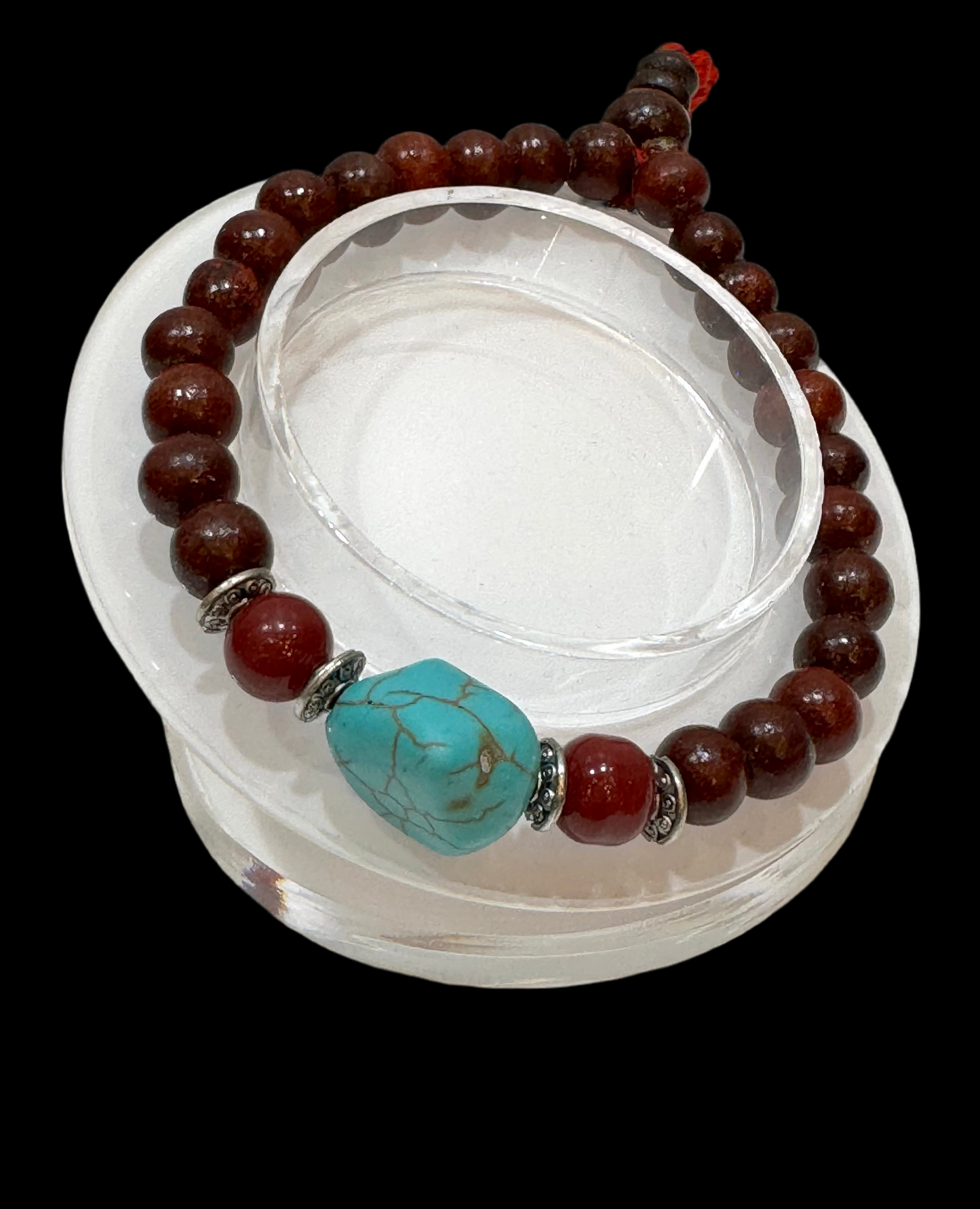 Rosewood, Turquoise and Brass Mala Beaded Bracelet Red String