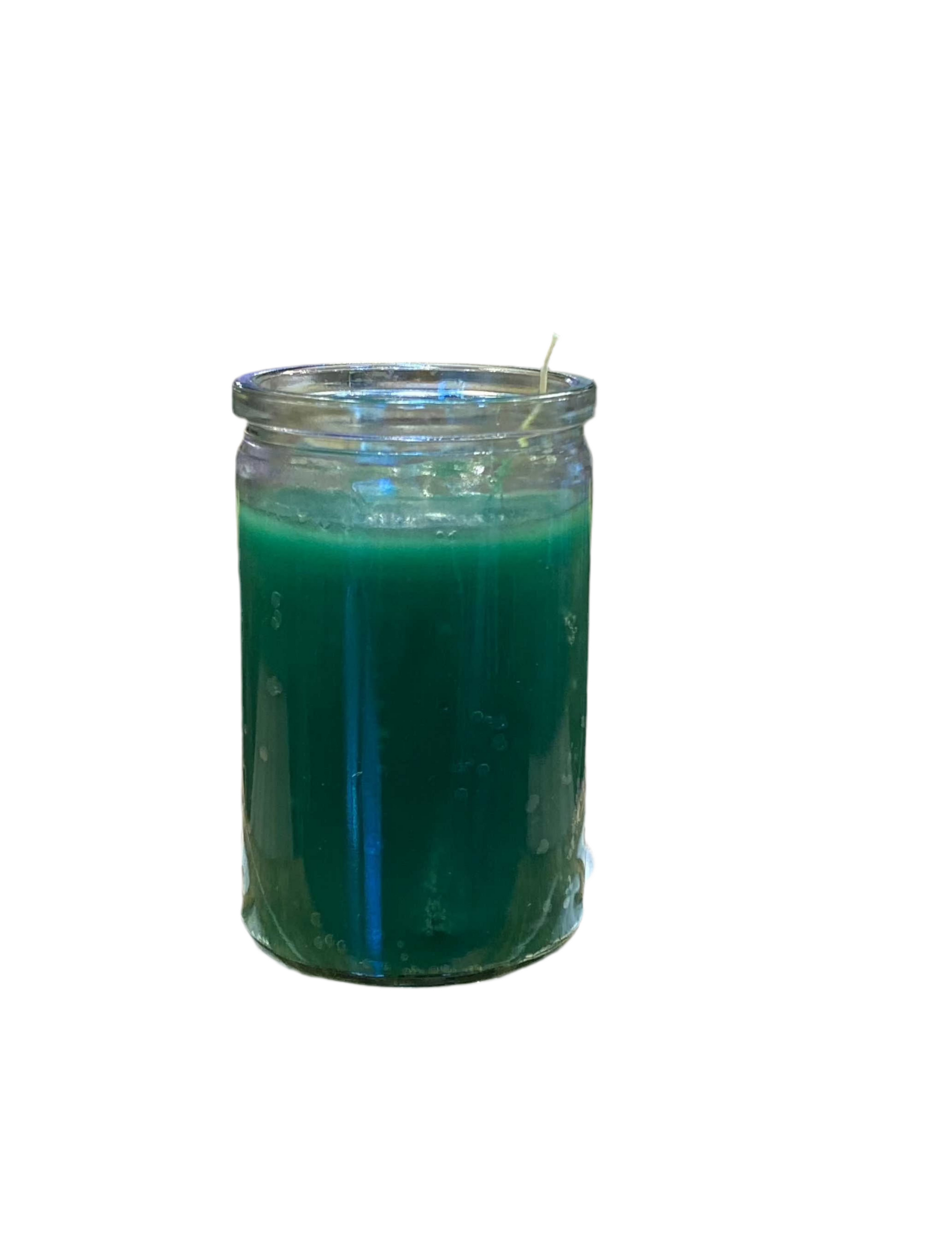 Prayer Green 50 Hour Candle in glass jar, ideal for meditation and rituals.