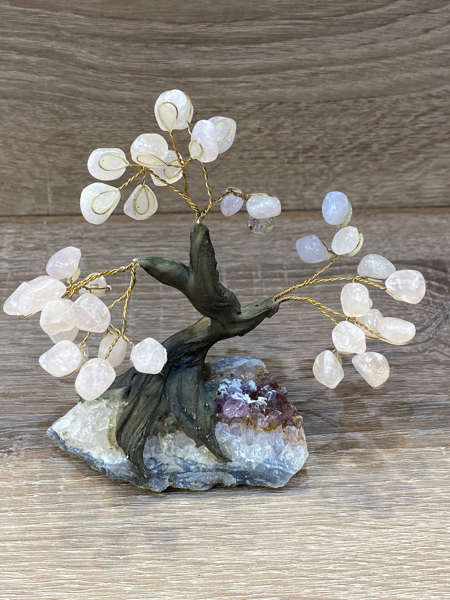 Gemstone Rose Quartz Tree on Amethyst Cluster