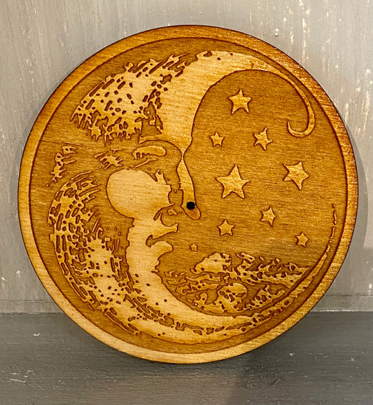 Woodcut Round Incense Stick Burner Celestial Moon and Stars