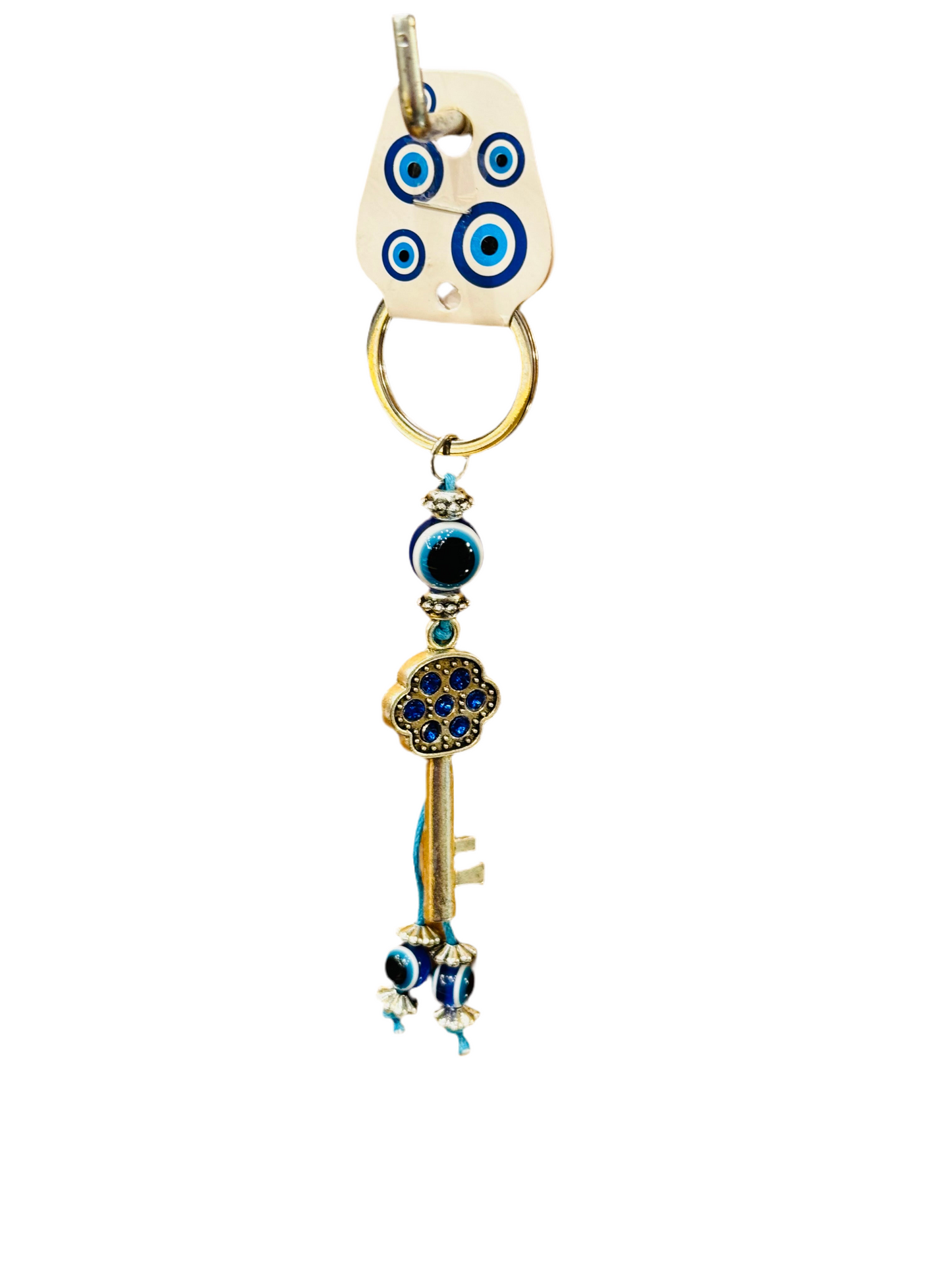 Ancient Key Blue Crystal Stones Evil Eye Keychain