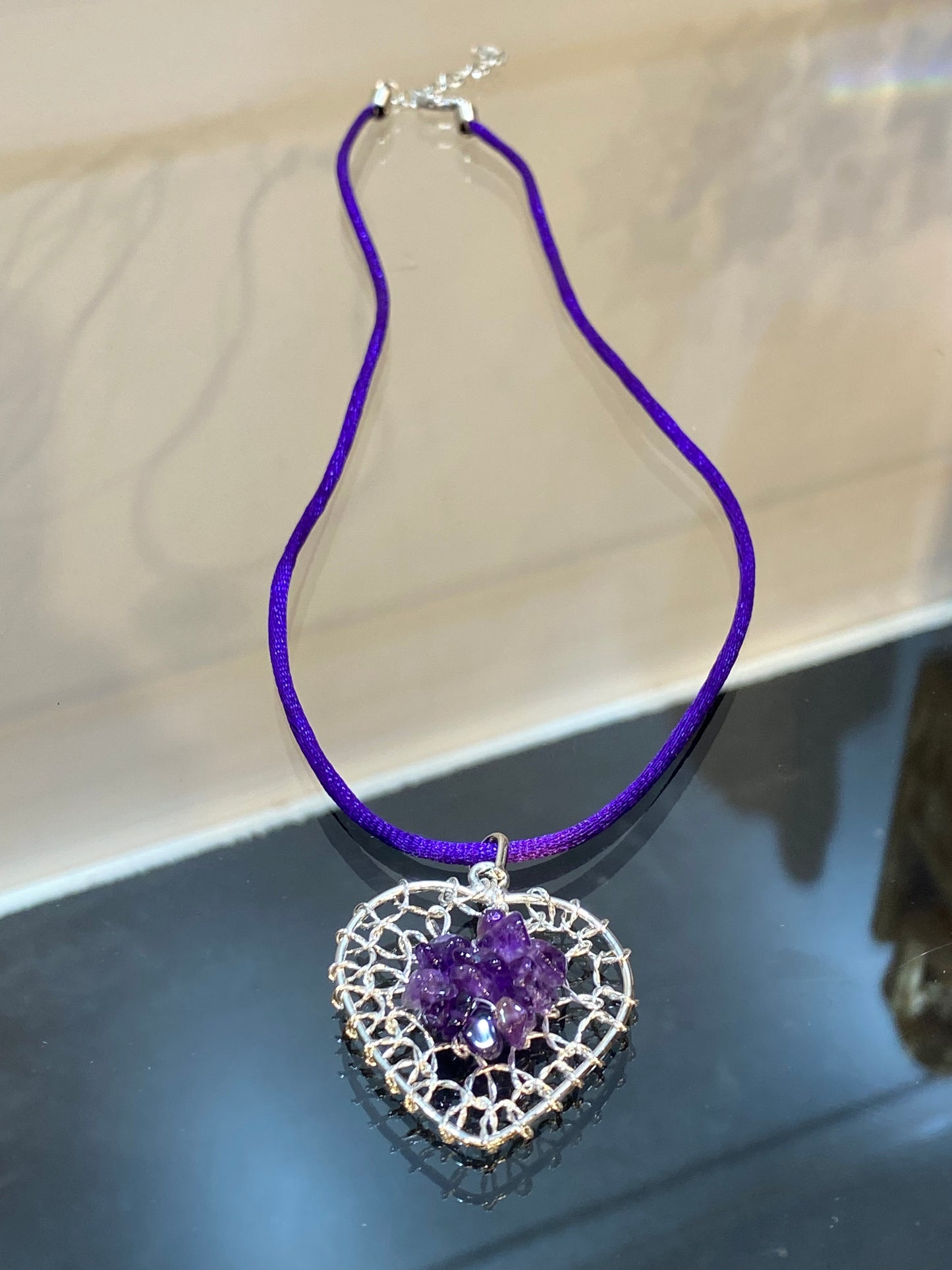 Amethyst Chip Silver Wired Heart Pendant With Purple Cord Necklace