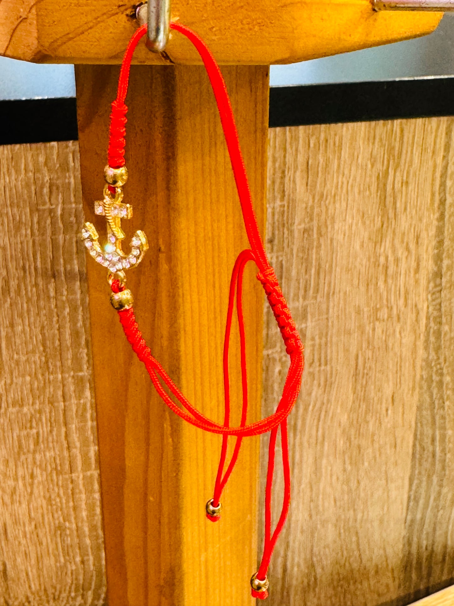 Red String Pull Tie Bracelet Rhinestone Anchor Charm and Golden Beads