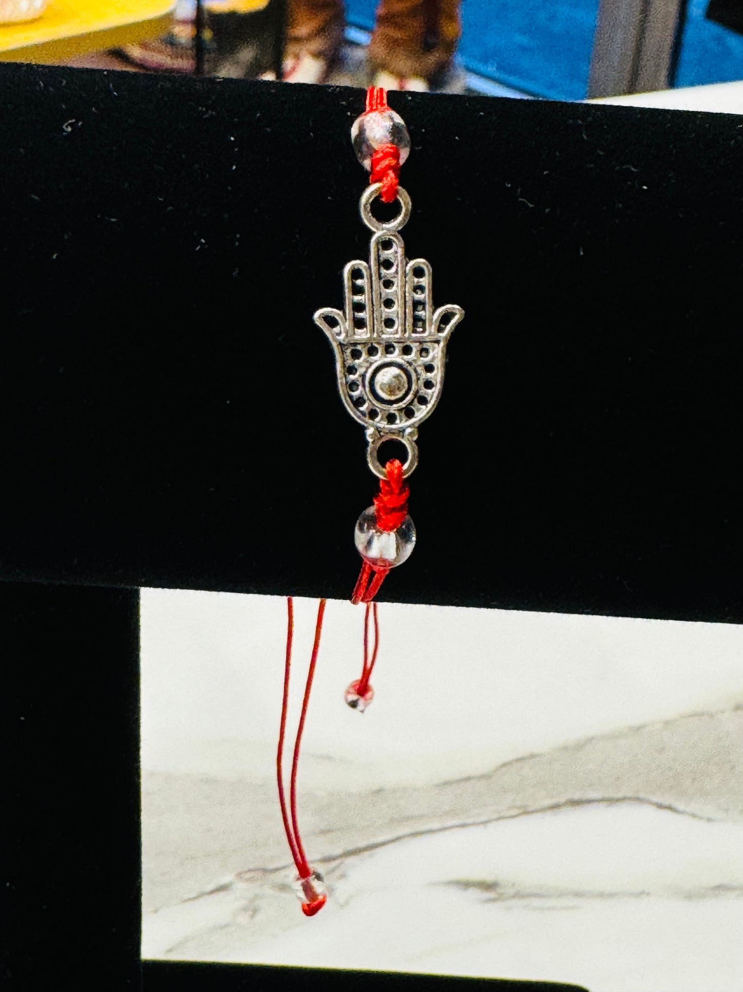 Silver Hamsa Clear Beads Red String Pull Tie Bracelet