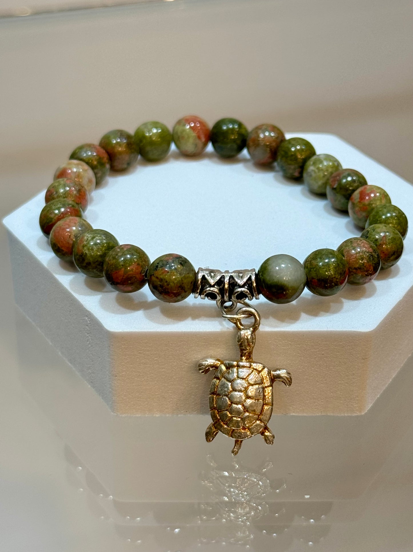 Unakite Beaded Bracelet With Turtle Charm