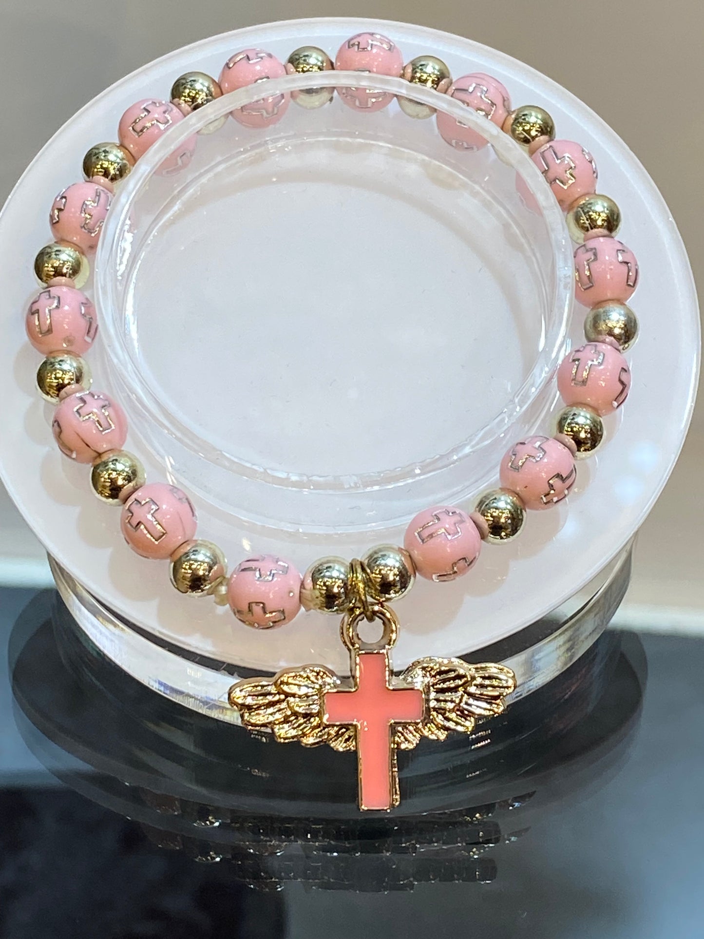 Pink and Silver Engraved Cross Beaded Stretch Bracelet With Hanging Cross Angel Wings Charm