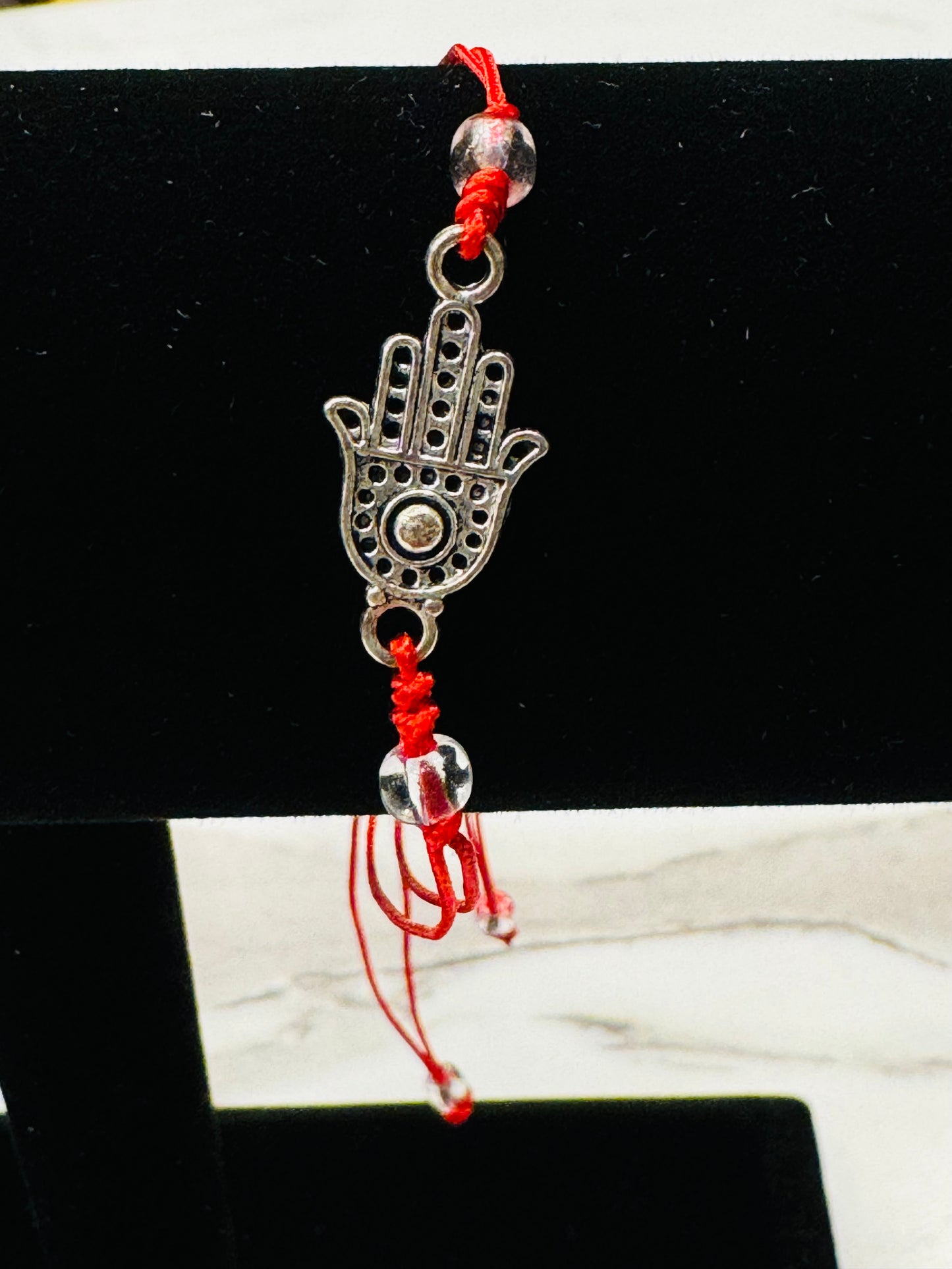 Silver Hamsa Clear Beads Red String Pull Tie Bracelet