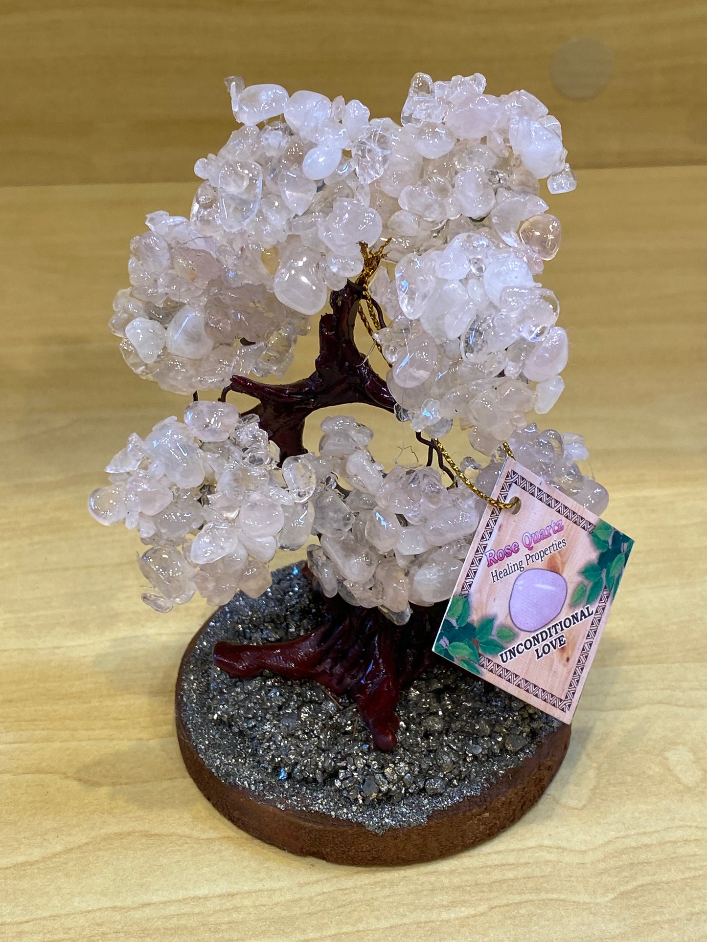 Bonsai Love and Fortune Gemstone Rose Quartz Tree on Pyrite