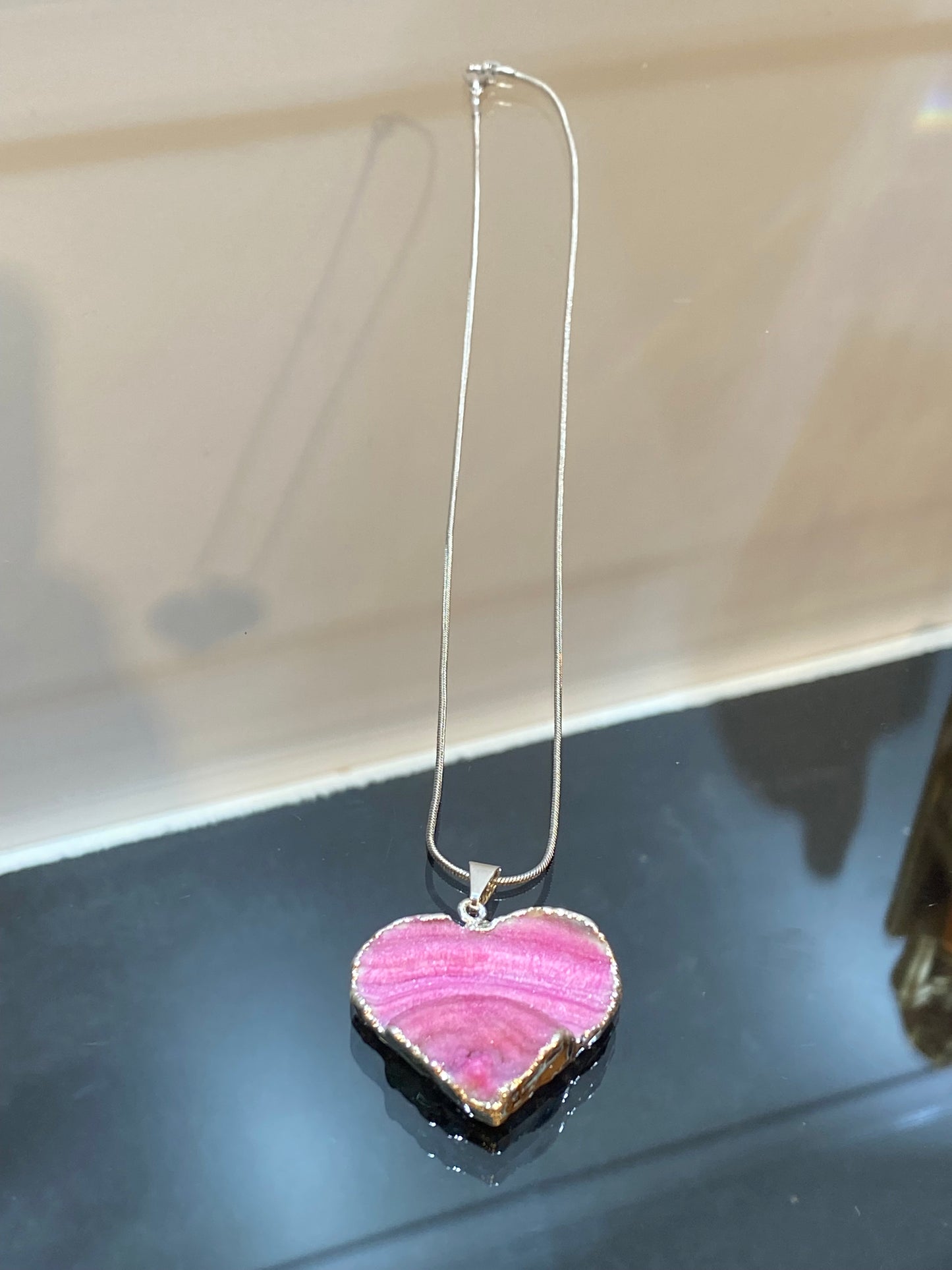 Dark Pink Banded Agate Silver Heart Pendant with Silver Plated Chain