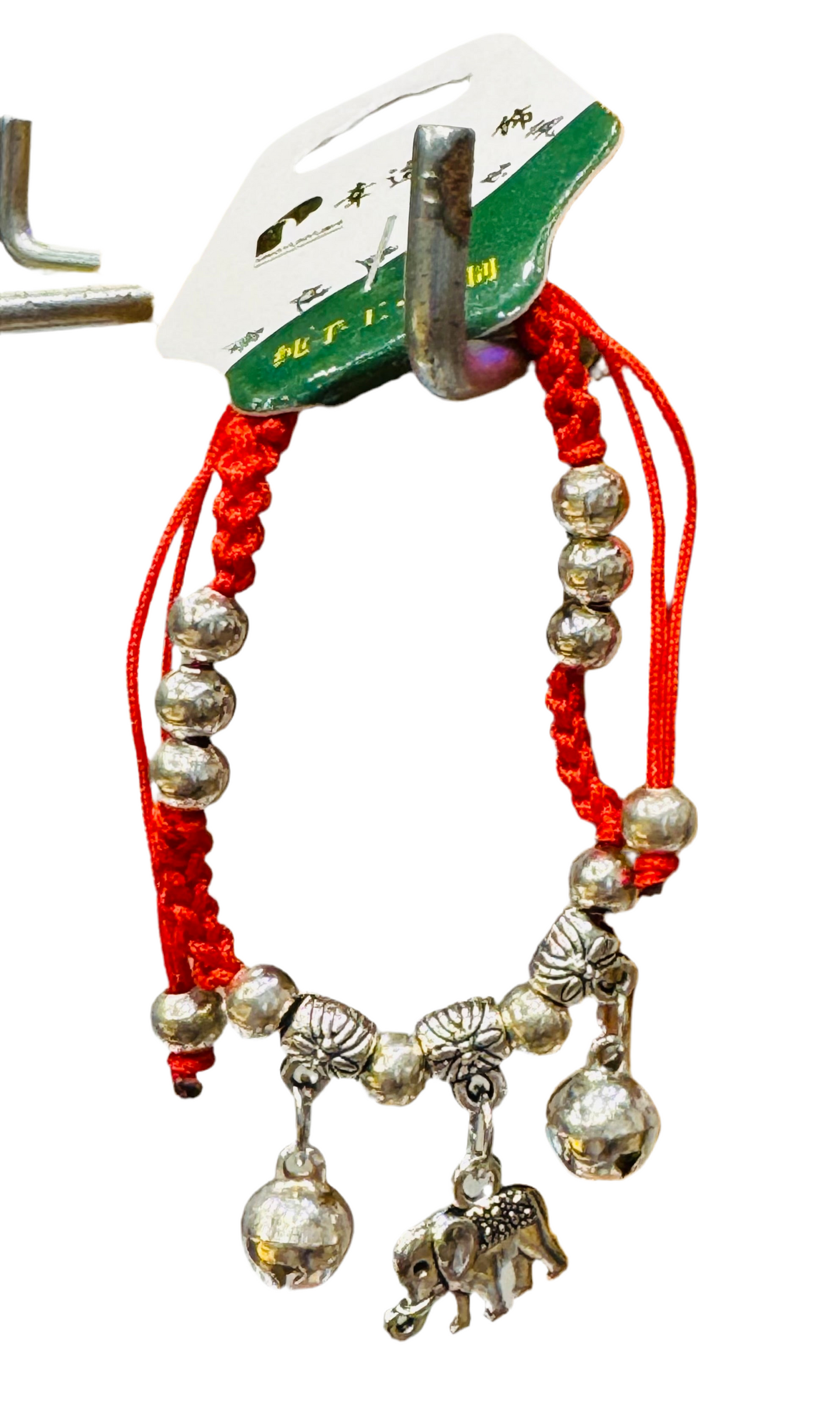 Red String Braided Pull Tie Bracelet with Silver Beads, Bells and Elephant Charm