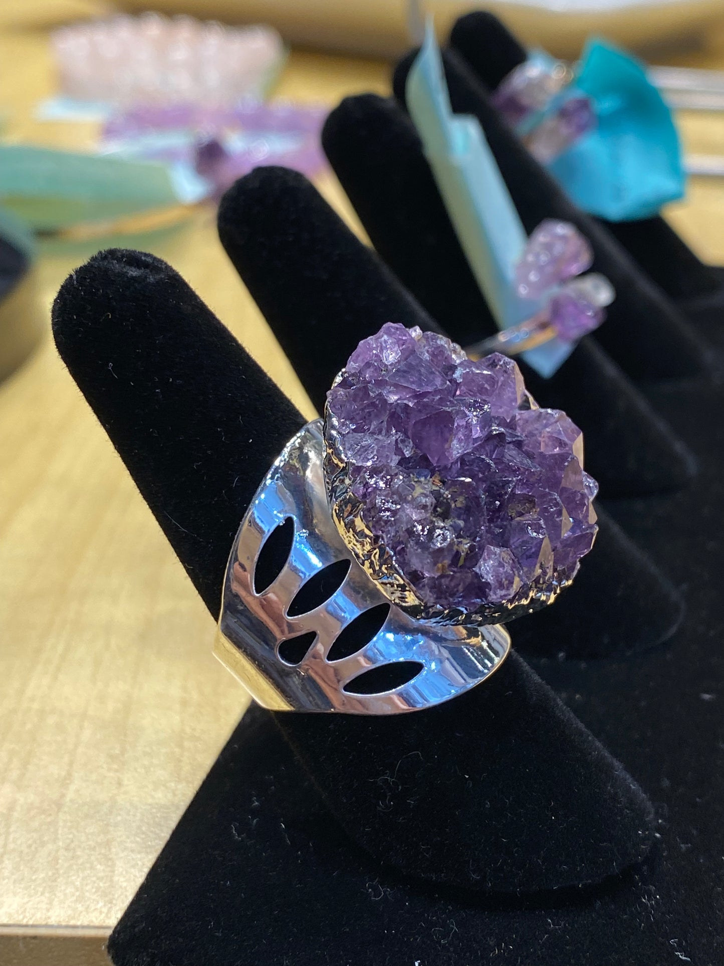 Amethyst Cluster Adjustable Silver Band Ring