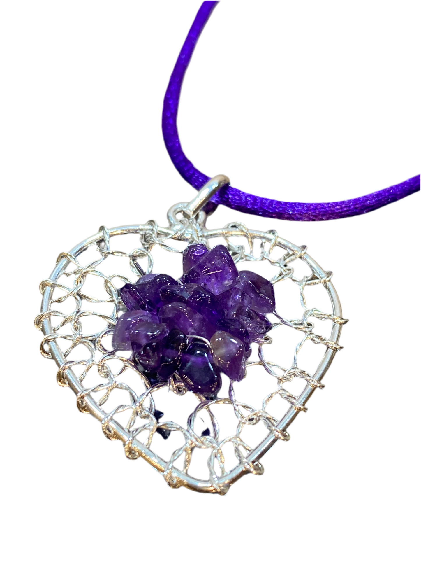 Amethyst Chip Silver Wired Heart Pendant With Purple Cord Necklace