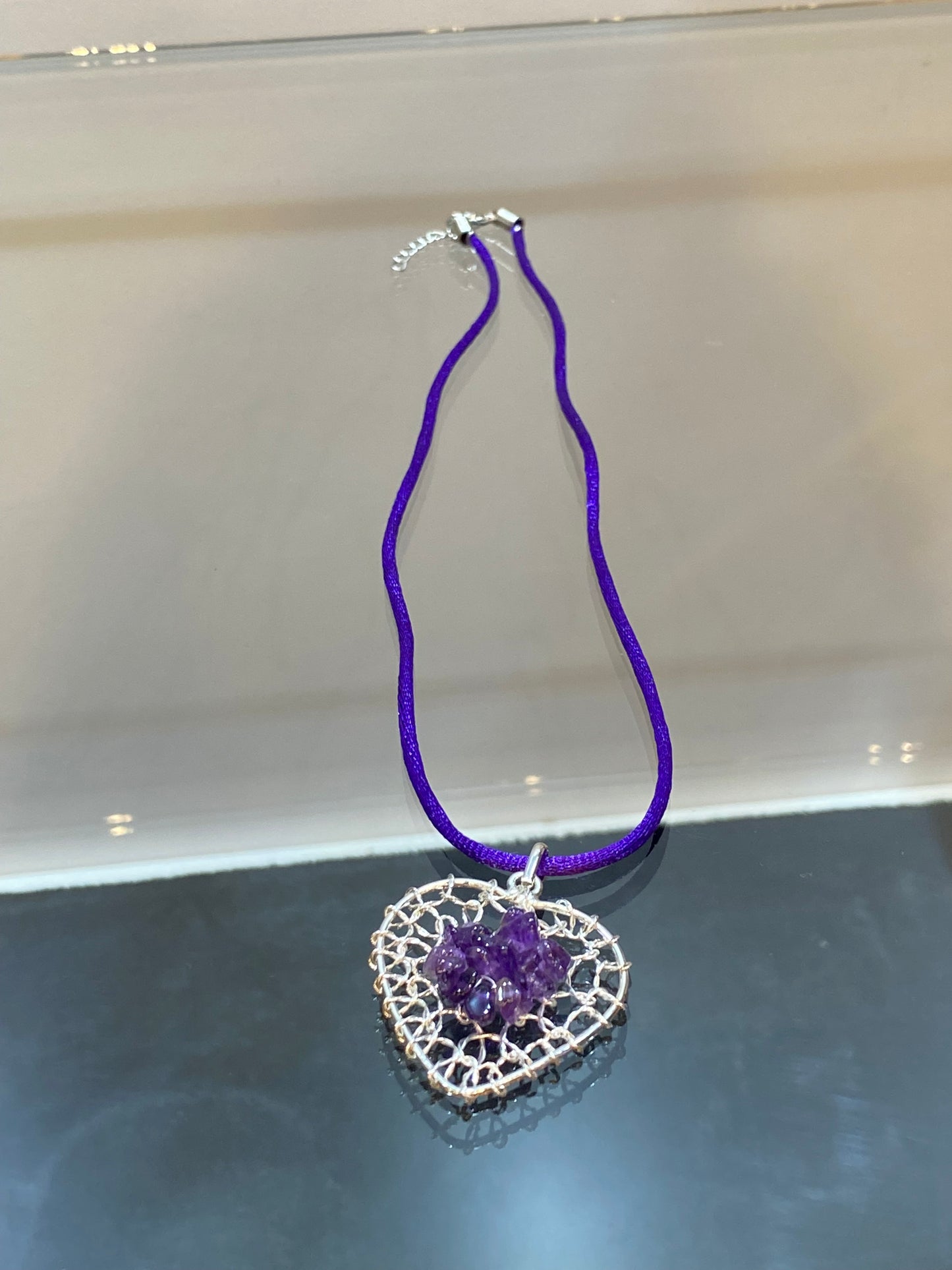 Amethyst Chip Silver Wired Heart Pendant With Purple Cord Necklace