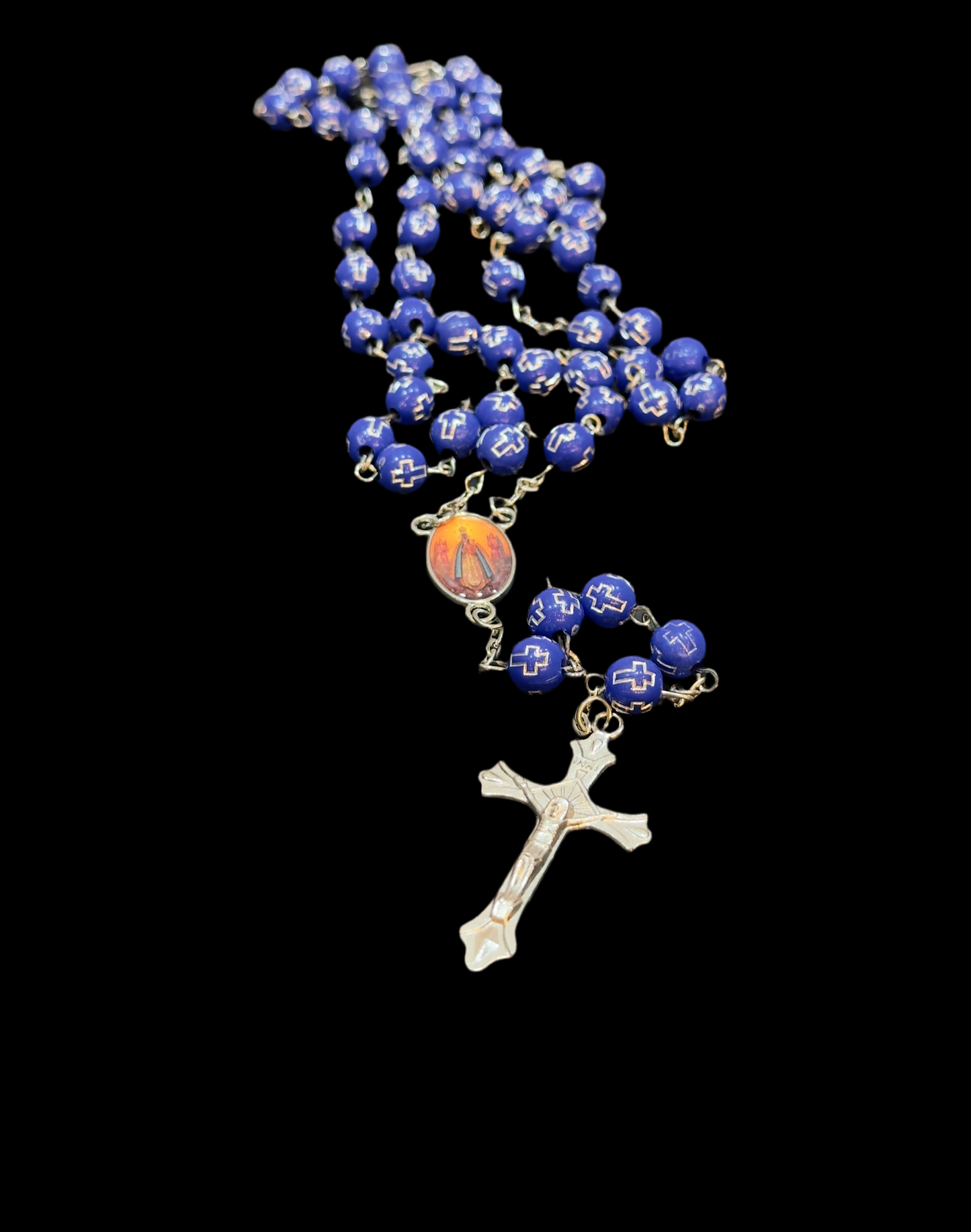 Vintage Silver Cross Christ Catholic Rosary in Cobalt Blue Beaded Engraved Cross