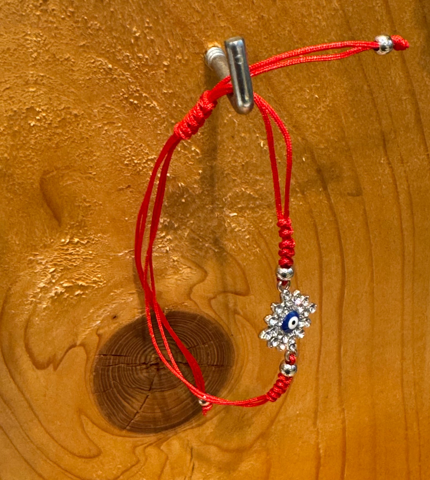 Red String Pull Tie Bracelet Silver Flower Blue Evil Eye Charm and Beads