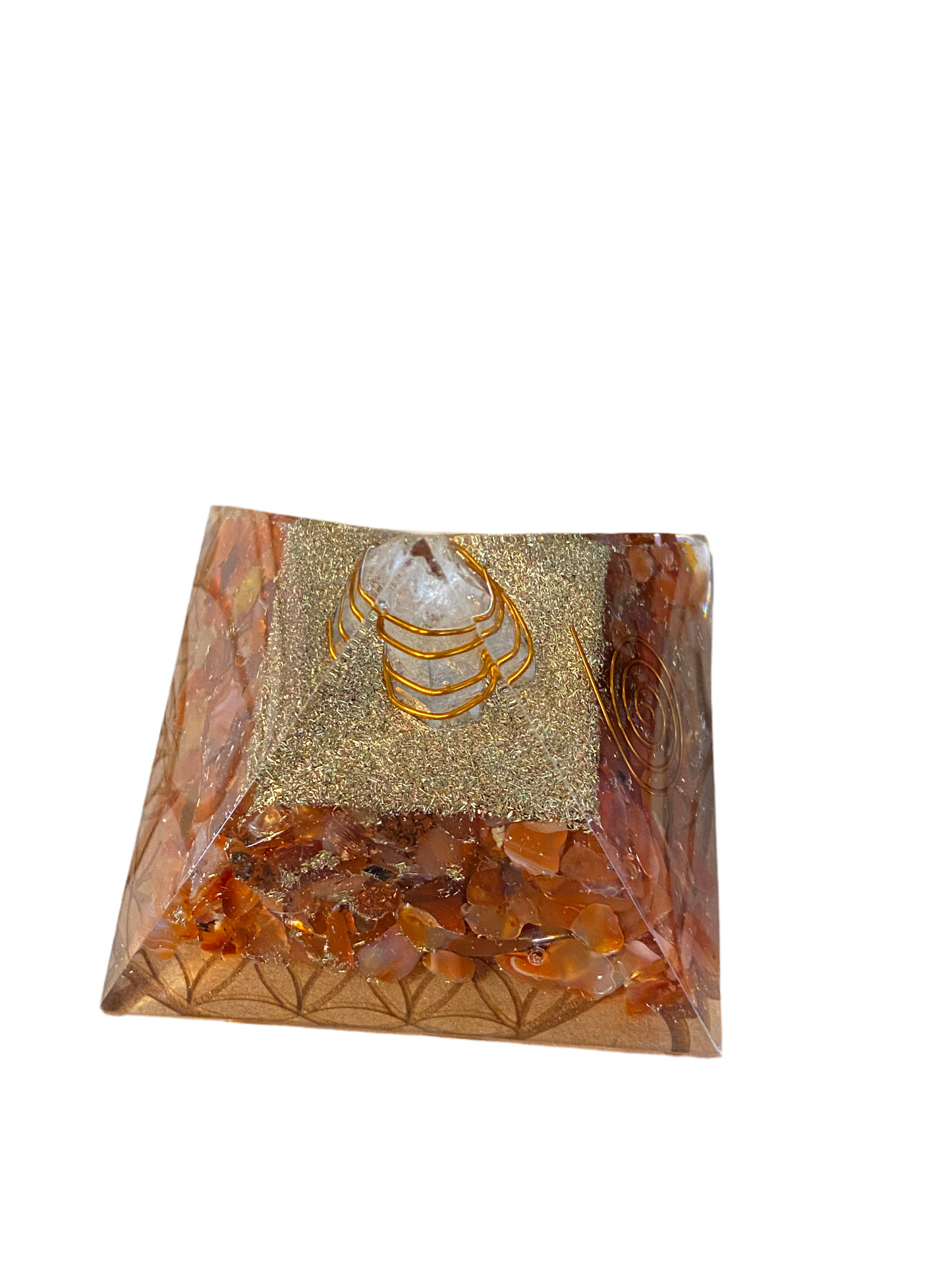 Carnelian Orgonite Pyramid With Clear Quartz Point, Gold Dust and Reiki Coil